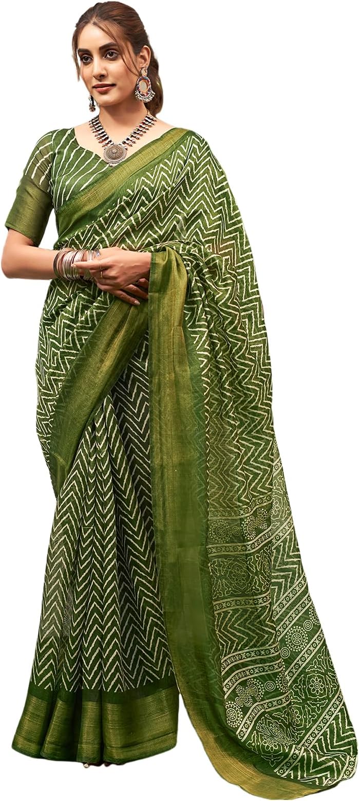 SAMAHWomen's Cotton Blend Geometric Printed Zari Stripe Saree with Unstitched Blouse Piece