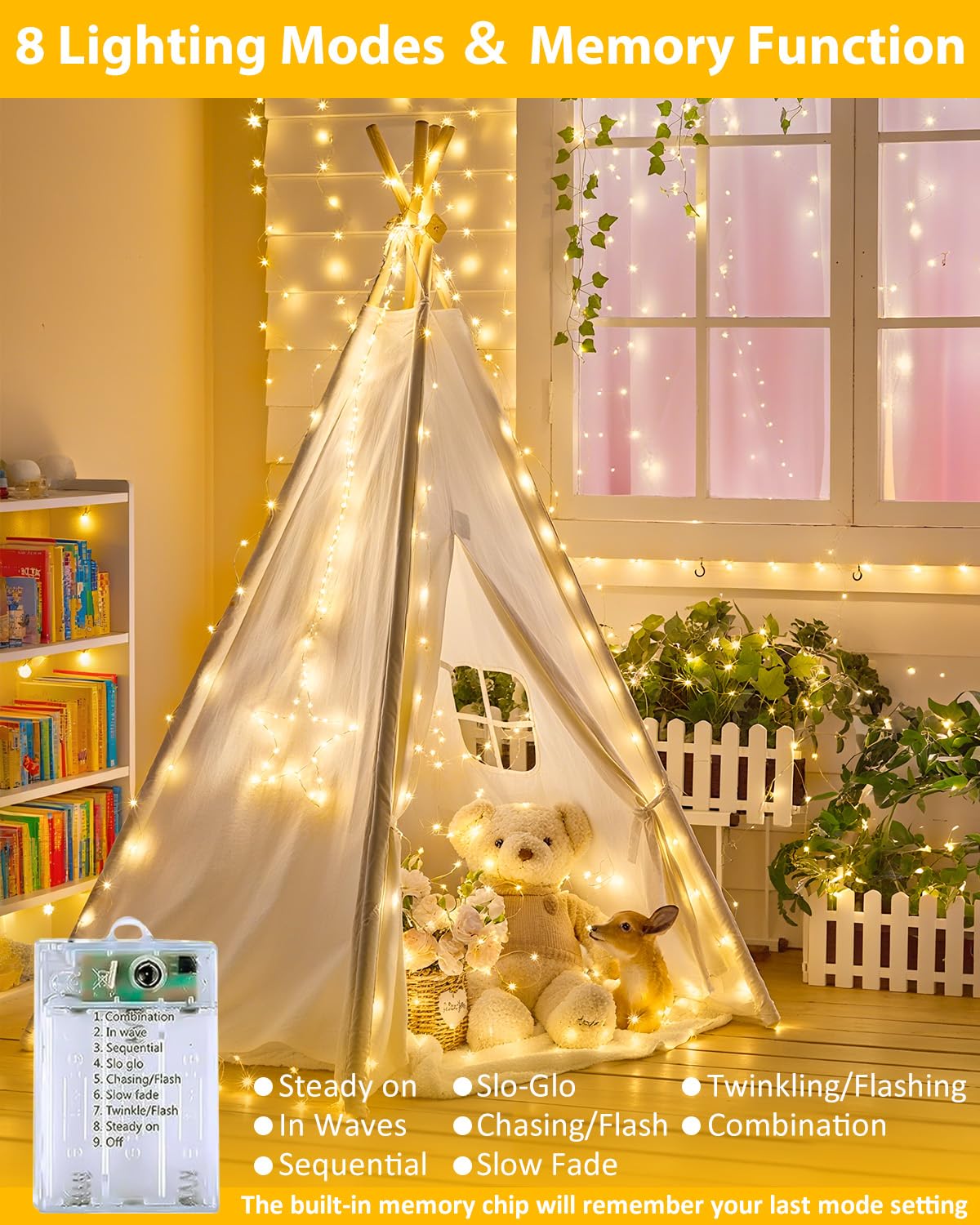 Confezione da 60 luci natalizie a batteria con telecomando, 8 modalità di luci con timer, dimmerabili, funzione memoria, luci scintillanti impermeabili per interni ed esterni (bianco caldo)