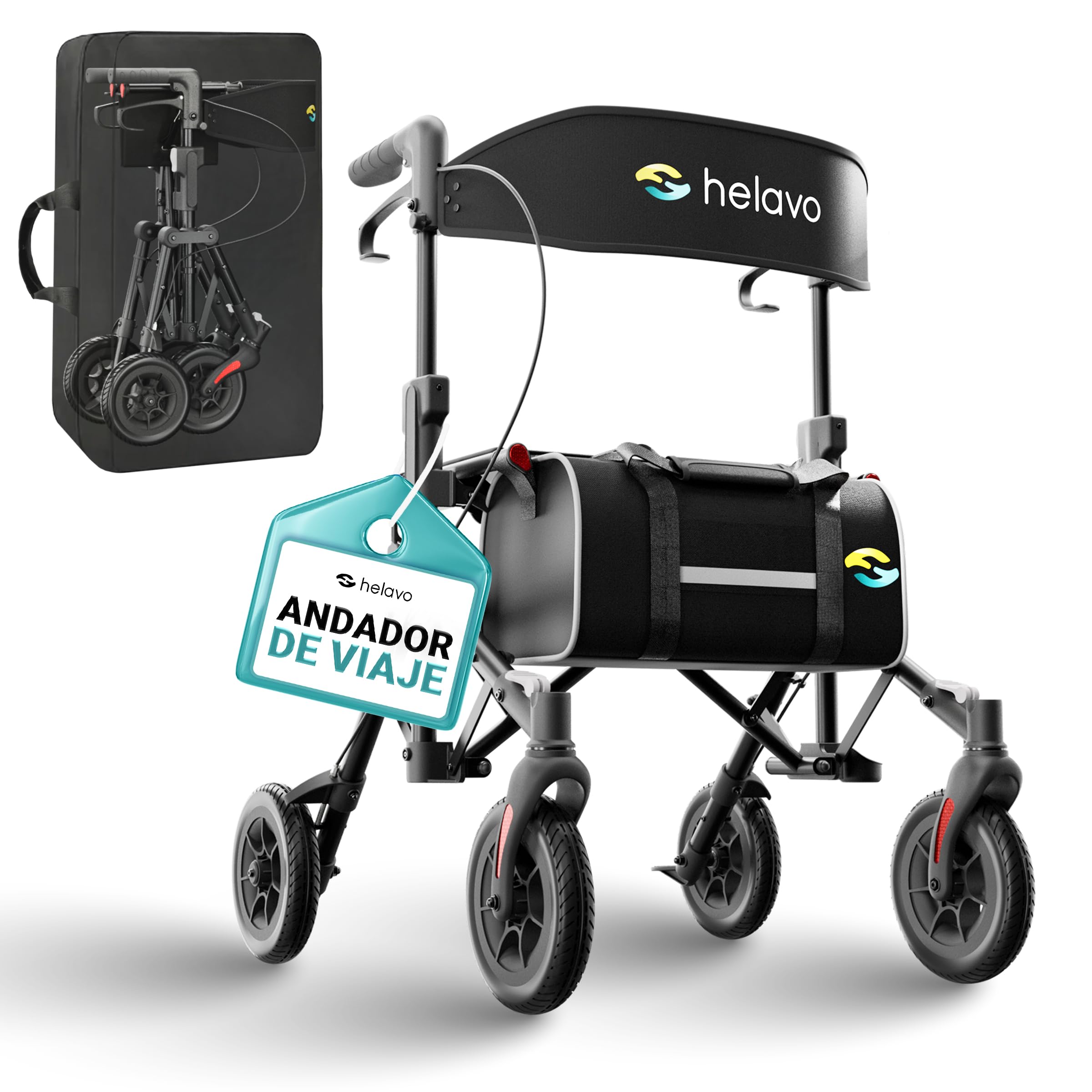 Helavo Andador de viaje plegable y ligero con asiento para personas mayores, andador doble plegable completamente premontado, ruedas de poliuretano de 8 pulgadas, asas ajustables en altura
