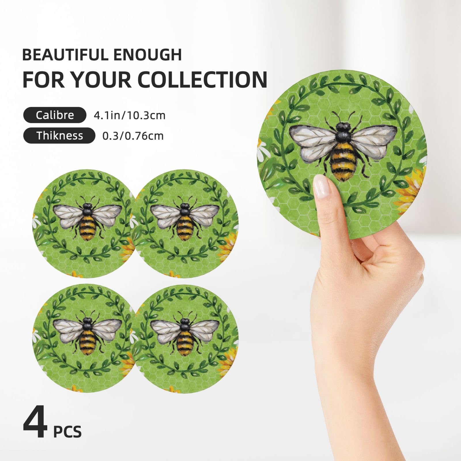 Set di 4 sottobicchieri decorativi in ceramica con stampa di api e girasoli