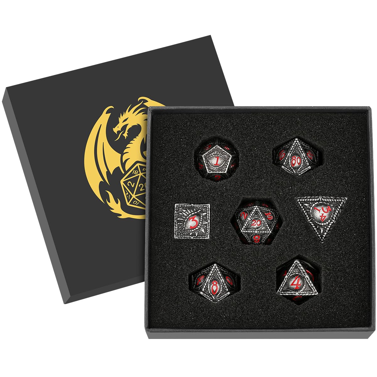 Metal Dice Set, Dragon Eye Theme, 7pcs Polyhedral Metal DND Dice Set, DND Starter Set, D&D Gifts with Gift Box, Role Playing Board Games Accessories, Red Black Silver โ image 1