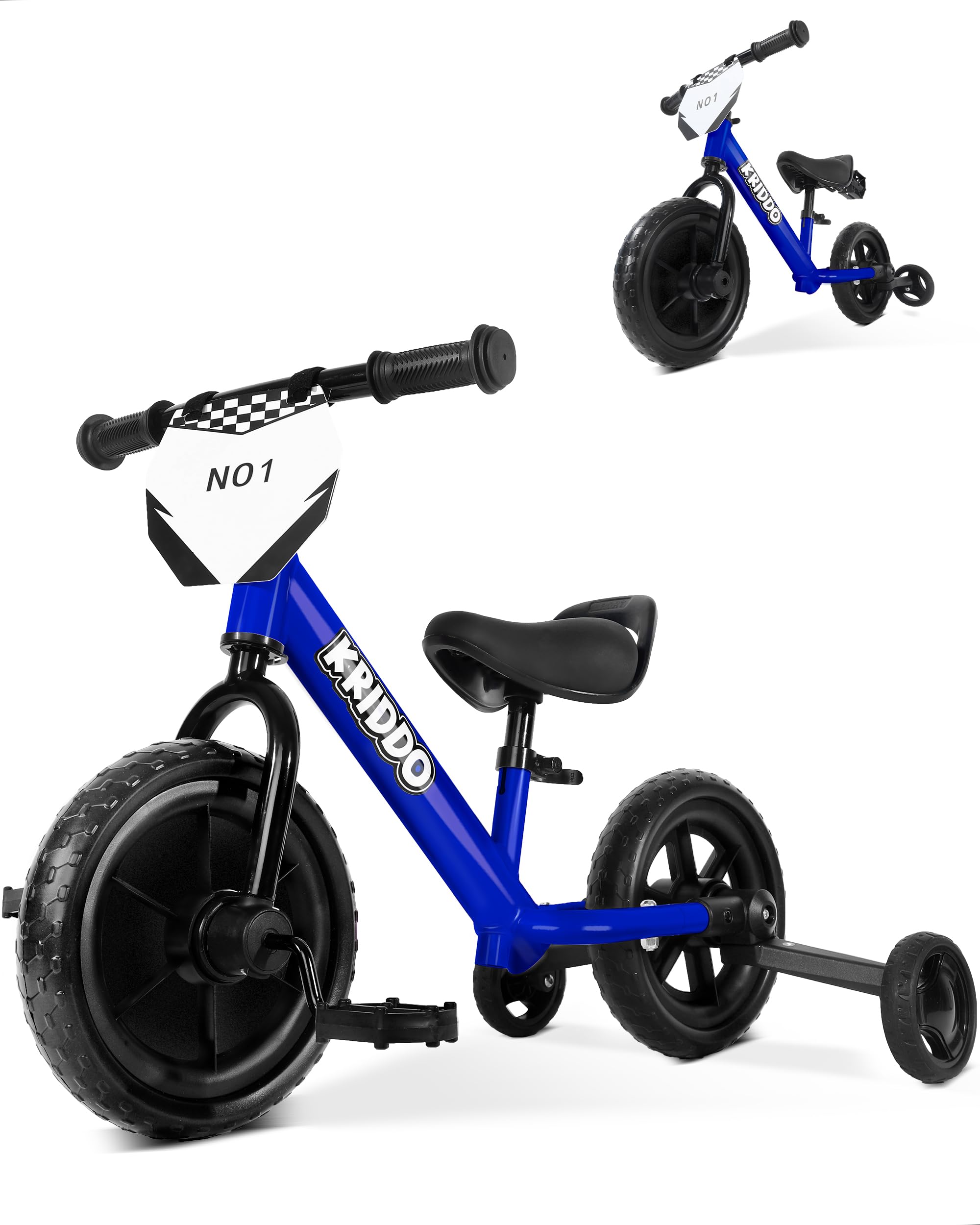 KRIDDO 2-in-1 Kids Tricycle and Toddler Balance Bike 2 Year Old, Detachable Pedals and Stowable Training Wheels, DIY Plate, Riding Trikes Toy for Ages 18 Months to 3 Years, Blue