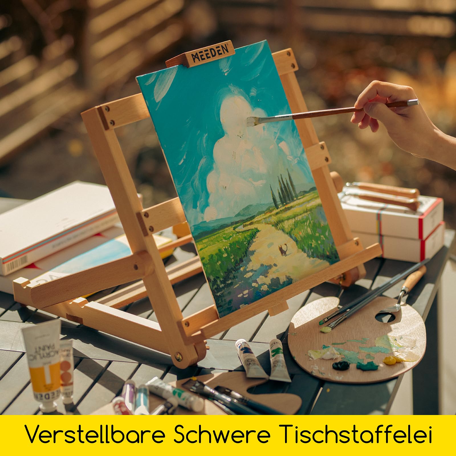 MEEDEN H-förmige Tischstaffelei Holz, Verstellbare Staffelei Tisch aus deutsche Buchenholz, Faltbarer Tragbarer Leinwand Ständer, Display-Staffelei für Gemälde Kunst & Handwerk, Leinwand bis zu 51cm