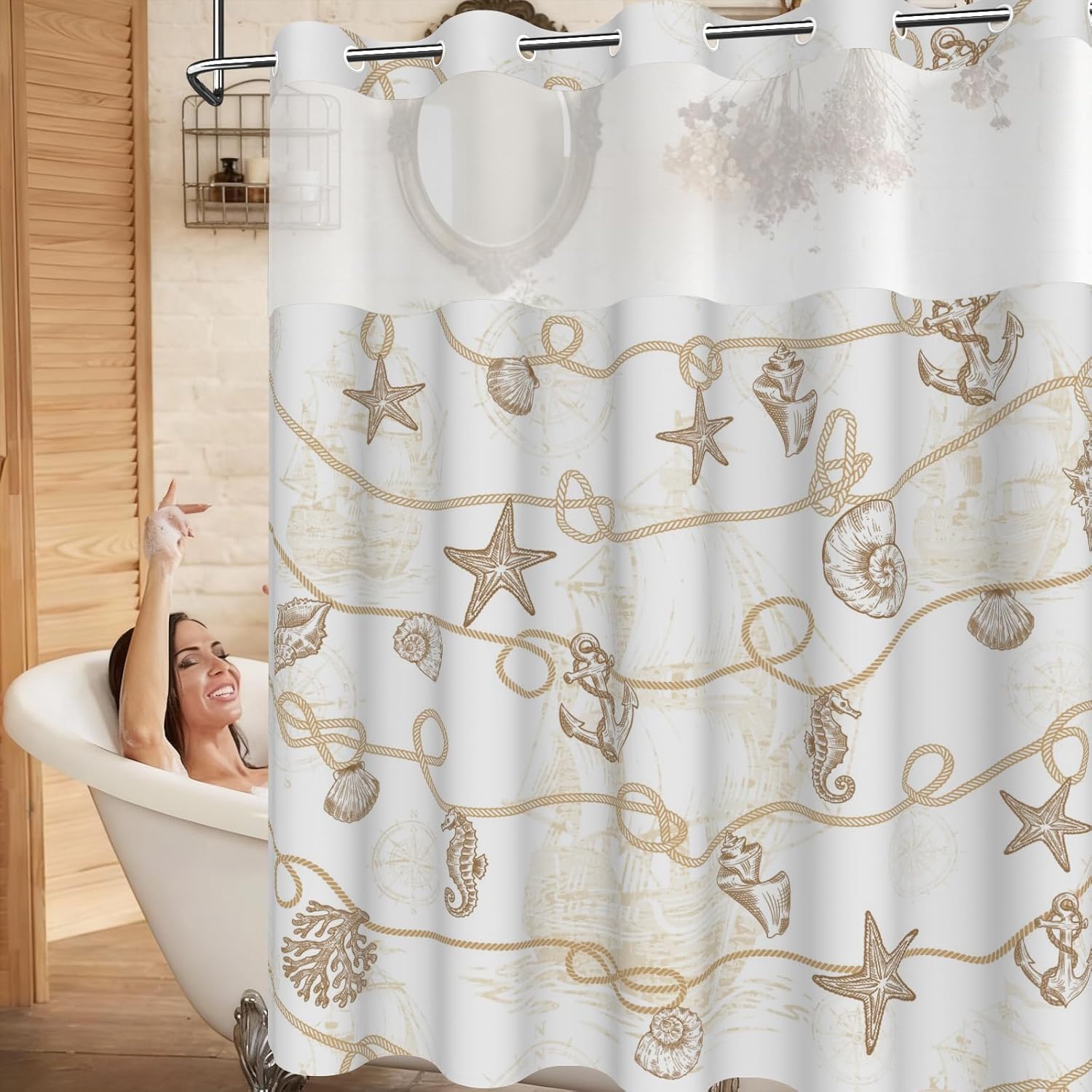 No Hook Shower Curtain and Liner Set, Vintage Nautical Ocean Design Shower Curtains for Bathroom, Double Layers Waterproof Fabric Shower Curtains with Sheer Top Window and Weighted Hem, 71x74 Inches