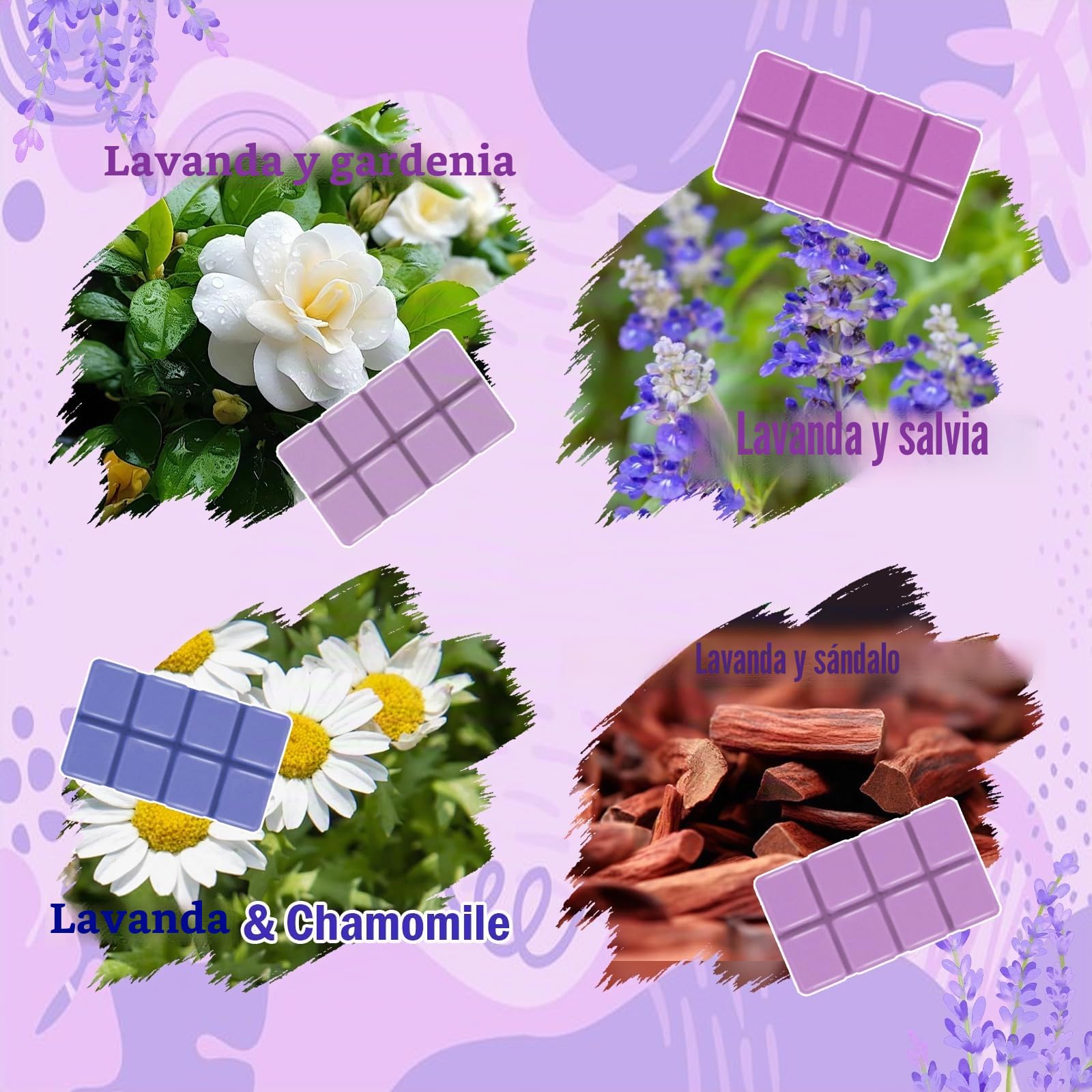 Cera Perfumada Derretida, Cubos de Cera de Soja Perfumados para Calentadores de Cera, 4 Aromas, 8 piezas, Lavanda, Salvia, Gardenia, Sándalo y Manzanilla