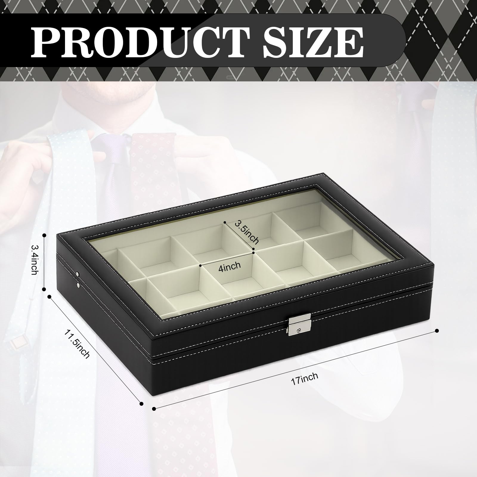 AceOrbit Luxuriöse Krawattenvitrine mit Glasdeckel - 15 Steckplätze Organizer für Herren Krawatten & Accessoires, abschließbare Kommode Aufbewahrungsbox, elegantes Geschenk zum Vatertag