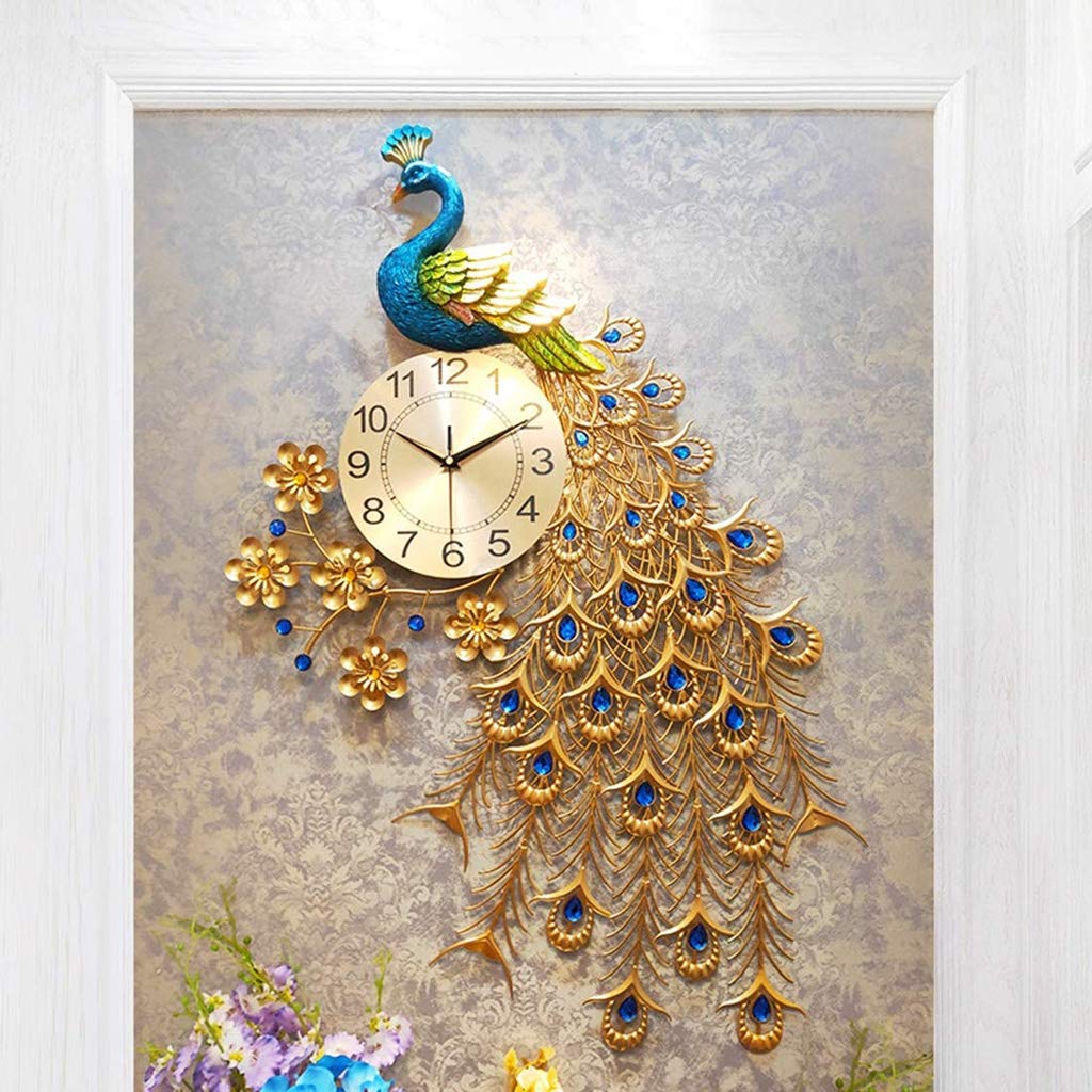 Reloj De Pared Grande Reloj De Pared De Pavo Real, Metal Batería Movimiento Silencioso, Adecuado para Sala De Estar Bar Oficina Escuela 60 * 93 Cm