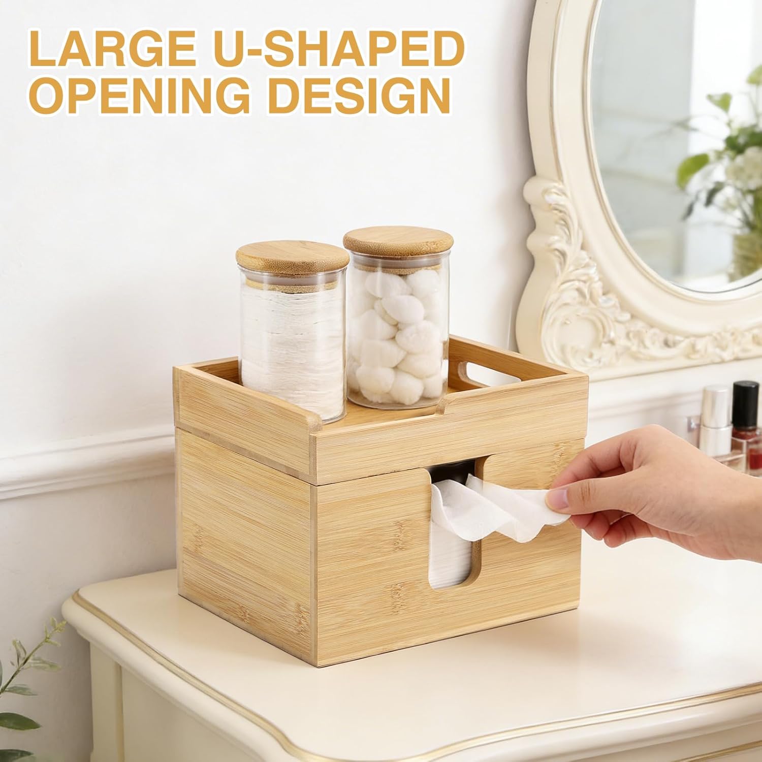 Bamboo Face Towel Holder with 120 XL Towels - Open-Top Skincare Organizer for Facial Cleansing Wipes & Beauty Essentials - Bathroom Countertop Vanity Organizer - Image 7