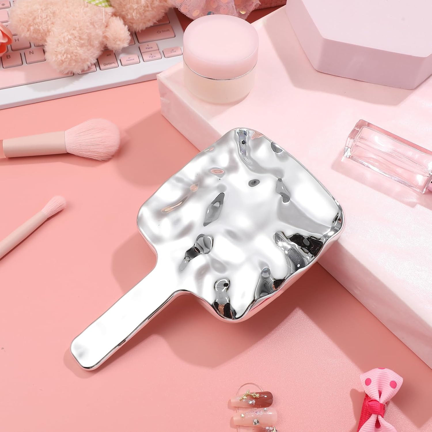 minkissy Portable Handheld Mirror Sliver Square Water Ripples Hand Mirror for Makeup Women Girls Travel (S)