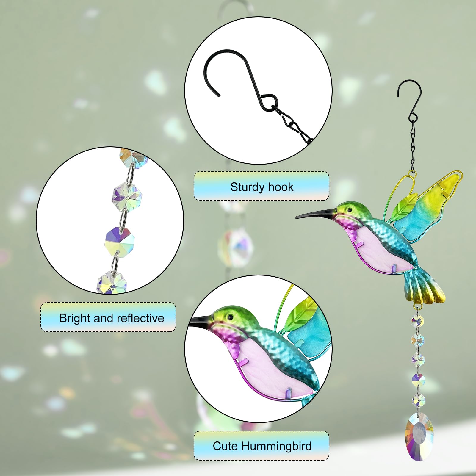 4 acchiappasole a colibrì, 41 x 18 cm, con cristalli Suncatcher da appendere, con 4 ganci per finestre, giardino, camera da letto, matrimonio, ecc