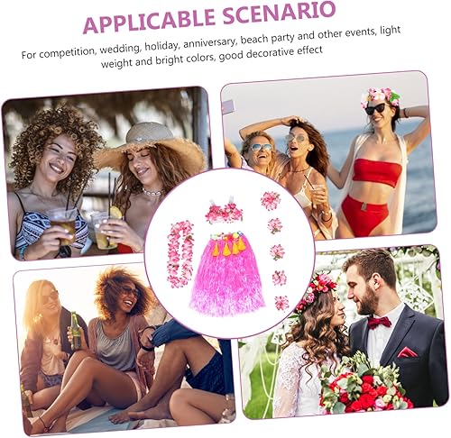 Miniatura 8 de ABOOFAN Falda de hierba hawaiana, conjunto de disfraz de baile, falda de hula tropical, accesorios de flores, diadema, collar, brasier para fiestas