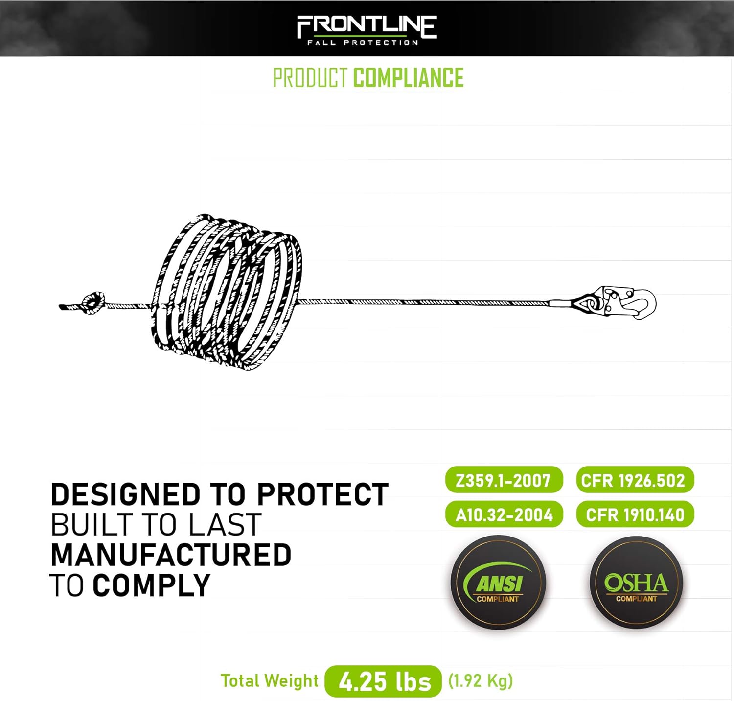 Frontline VLP50 Vertical Lifeline with Snap Hook 50' | 5/8'' Diameter Polysteel Twisted Rope | ANSI & OSHA Compliant | Roofing & Scaffolding - - 