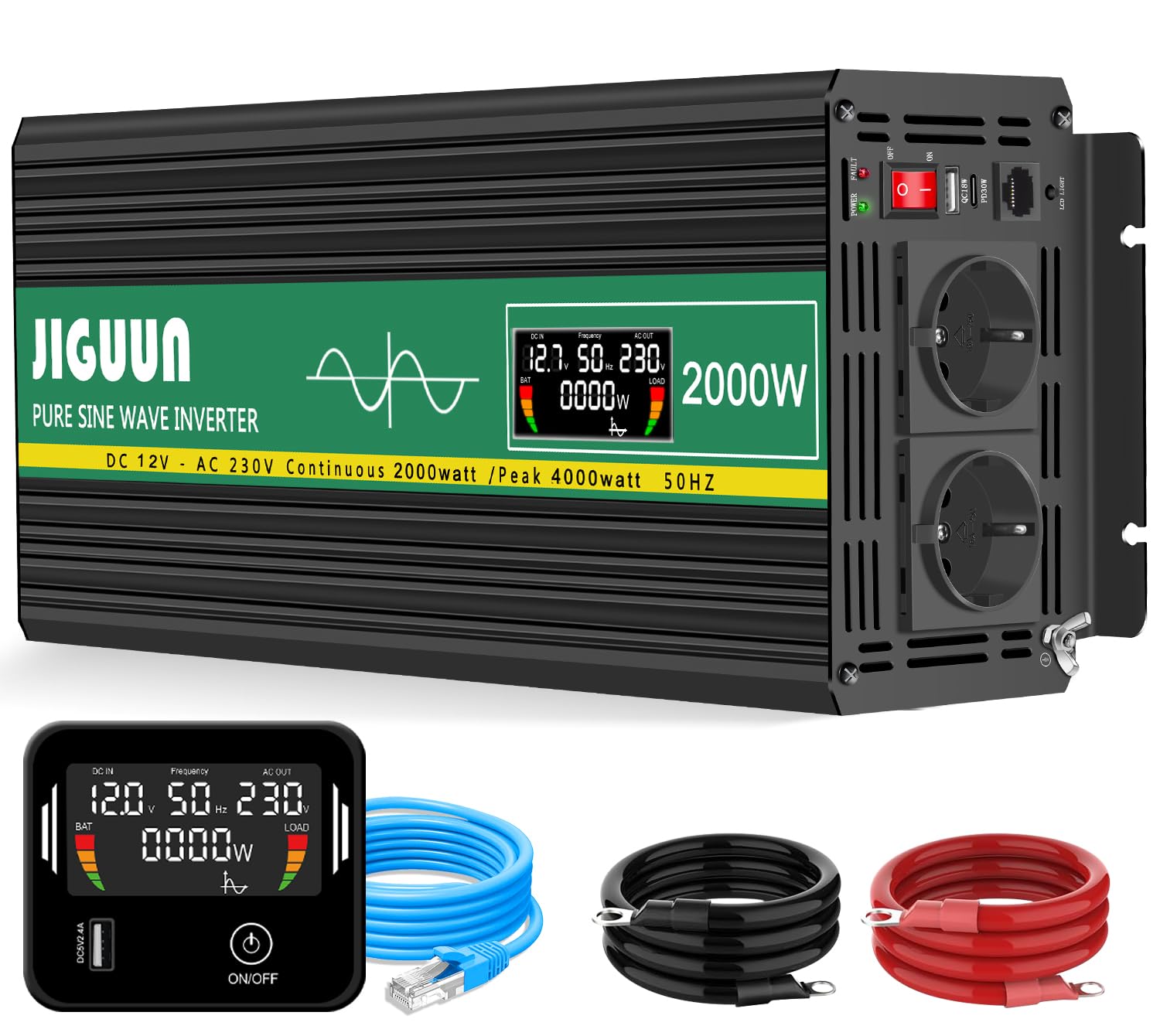 JIGUUN Konwerter mocy 2000 W/4000 W 12 V na 230 V z czystym sinusoidalnym sterowaniem wyświetlacz LCD 2 gniazdko UE i 1 port USB do samochodu, na kemping, w podróży, w nagłych wypadkach