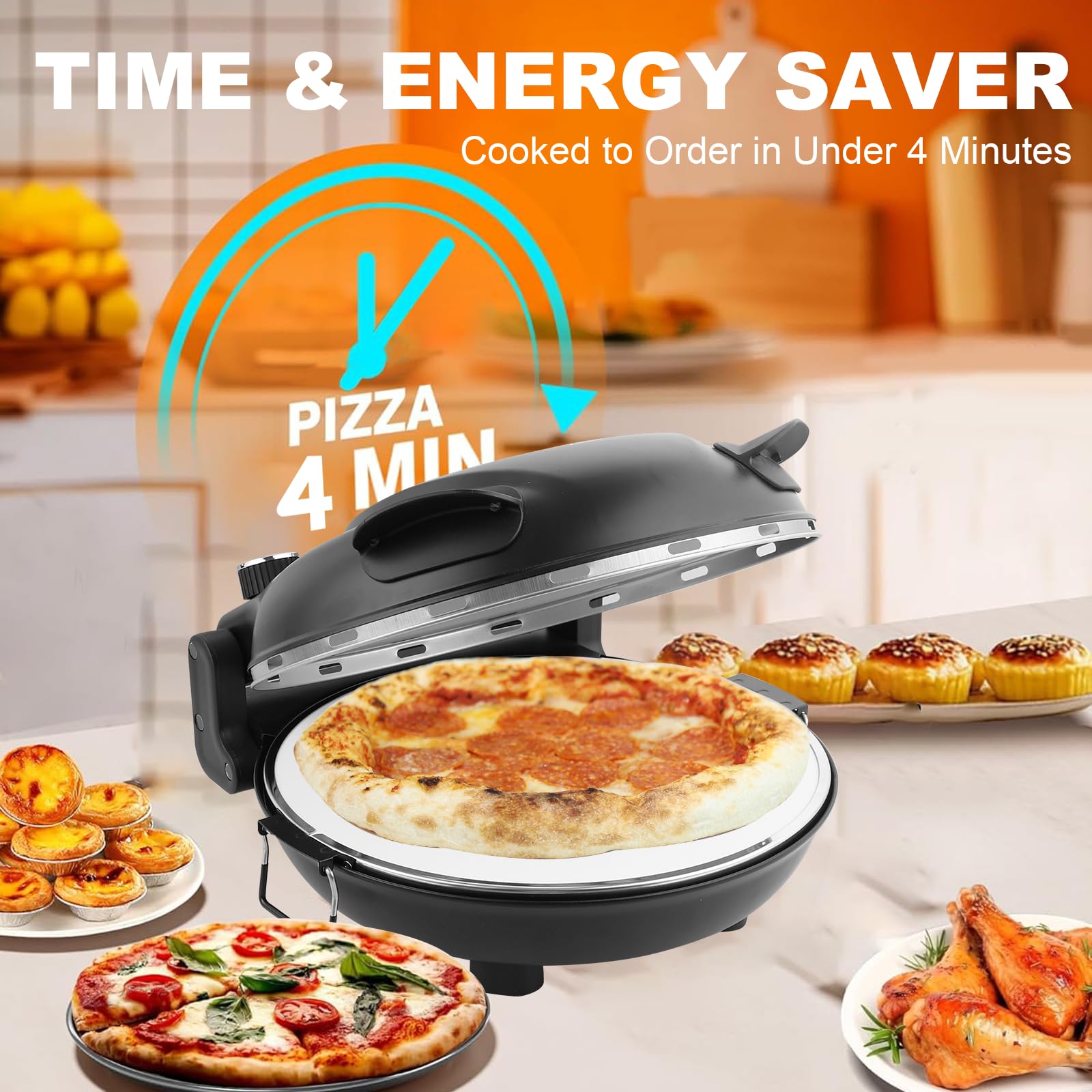Electric Pizza Maker, 12 Inch Countertop Pizza Oven with Pizza Stone, 1200W Indoor Italian Style Pizza Cooker, Dual Heating with Independent Temperature Control, Heats Up to 800°F, Black - Detailed View