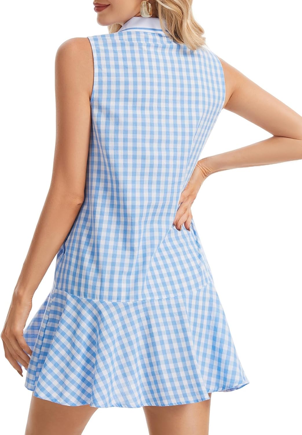 WOWULOVELY Womens Gingham Polo Dress V Neck Sleeveless Plaid Tennis Dress Ruffled Hem Mini Button Front Sundress Dress