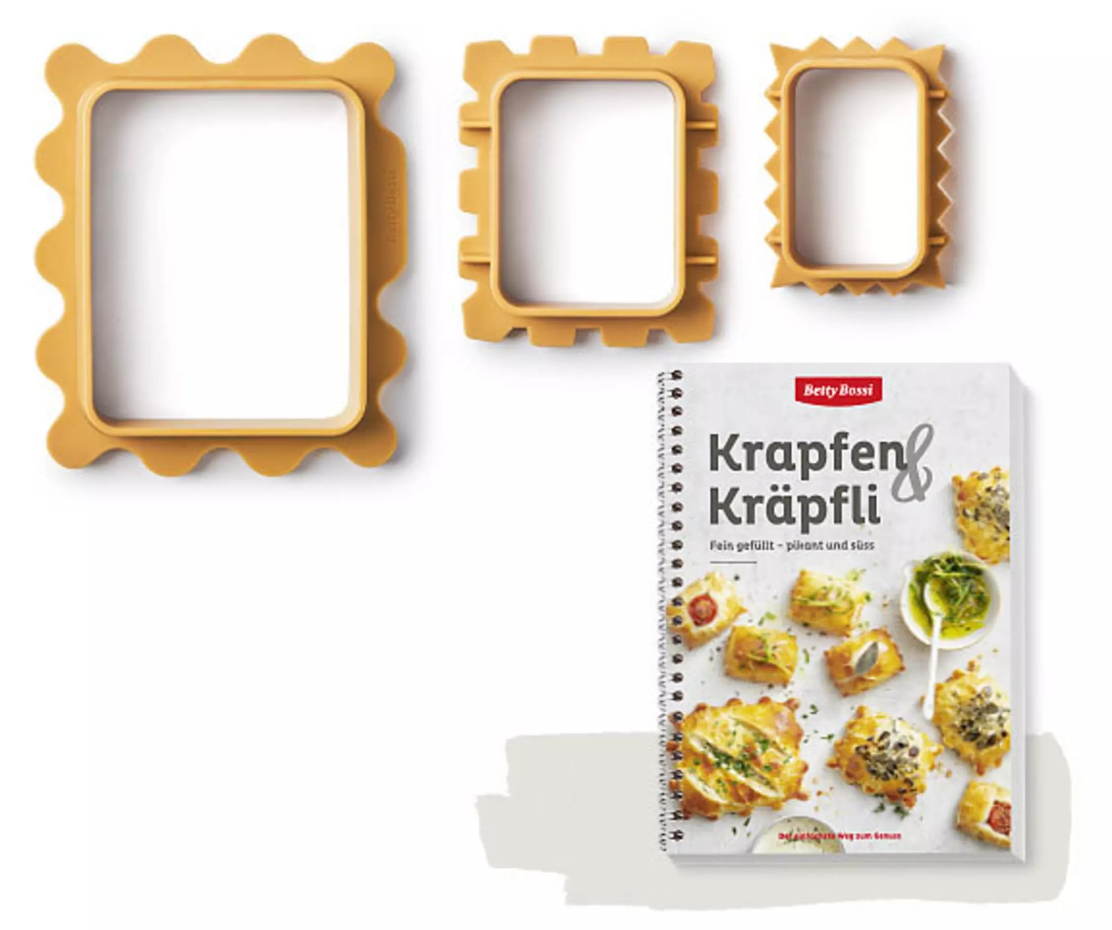 Betty Bossi - Krapfen & Kräpfli, Backbuch mit 30 feinen Krapfen-Rezepten für Hauptmahlzeiten, Desserts oder Apéros Rezepte Rezeptideen für Kochen und Backen so wie 3 Kunststoff-Ausstechern