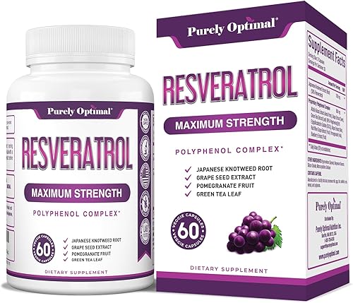 Purely Optimal Resveratrol 1500mg - Suplemento trans-resveratrol de alta potencia con polifenoles, 60 cápsulas veganas - Apoya el envejecimiento