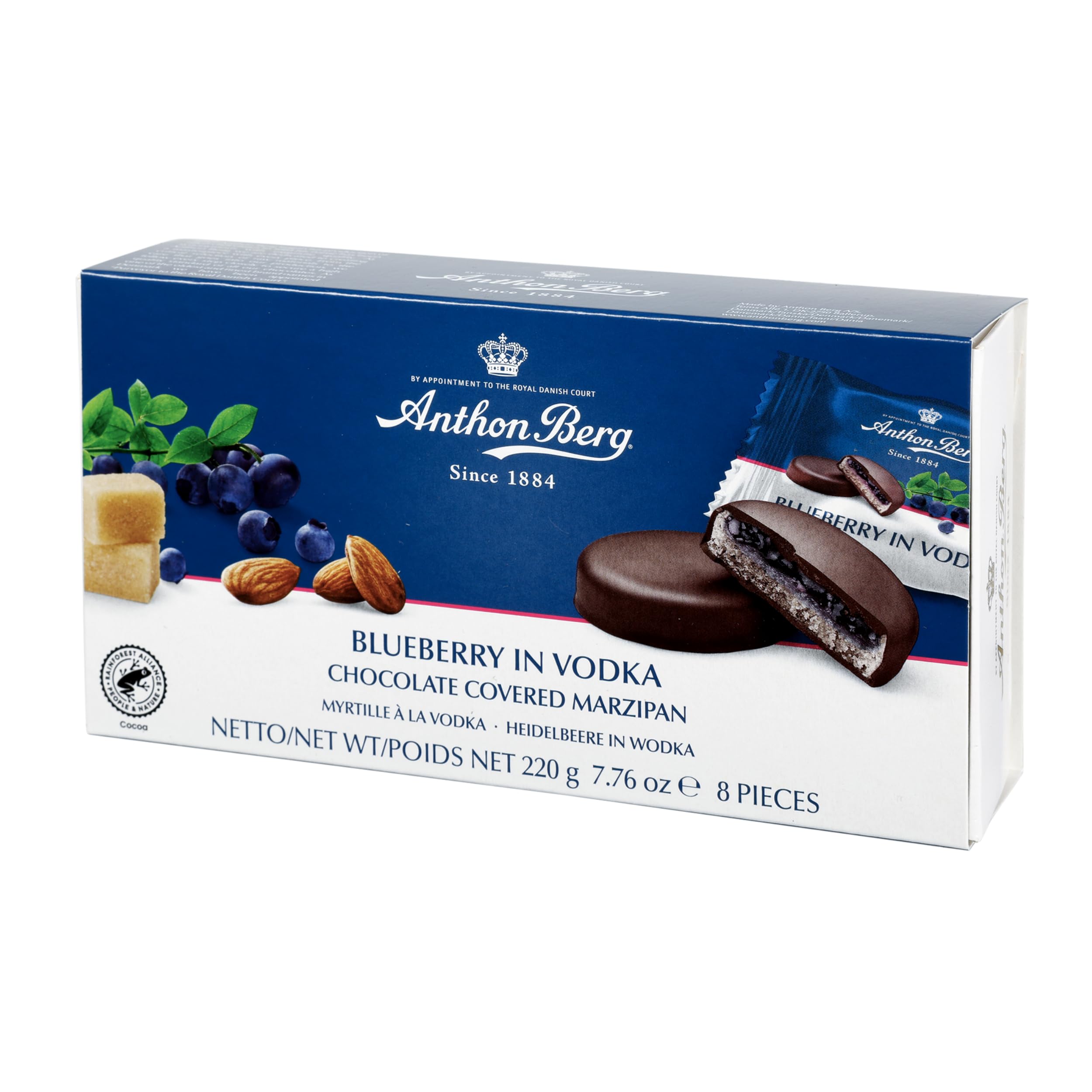Anthon Berg Dark Chocolate Covered Marzipan Treats, Blueberry In Vodka, with a Delicious Jam of Fresh Fruits, 220 g Box, (Pack of 1)