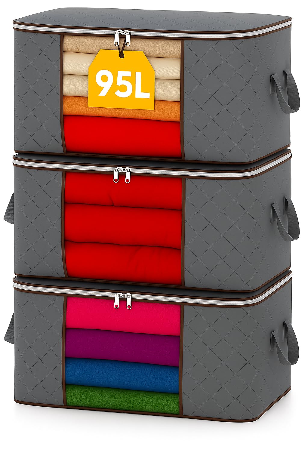EPISENT 95L Storage Bags 3 Pack Foldable Clothes Organiser Underbed Zip