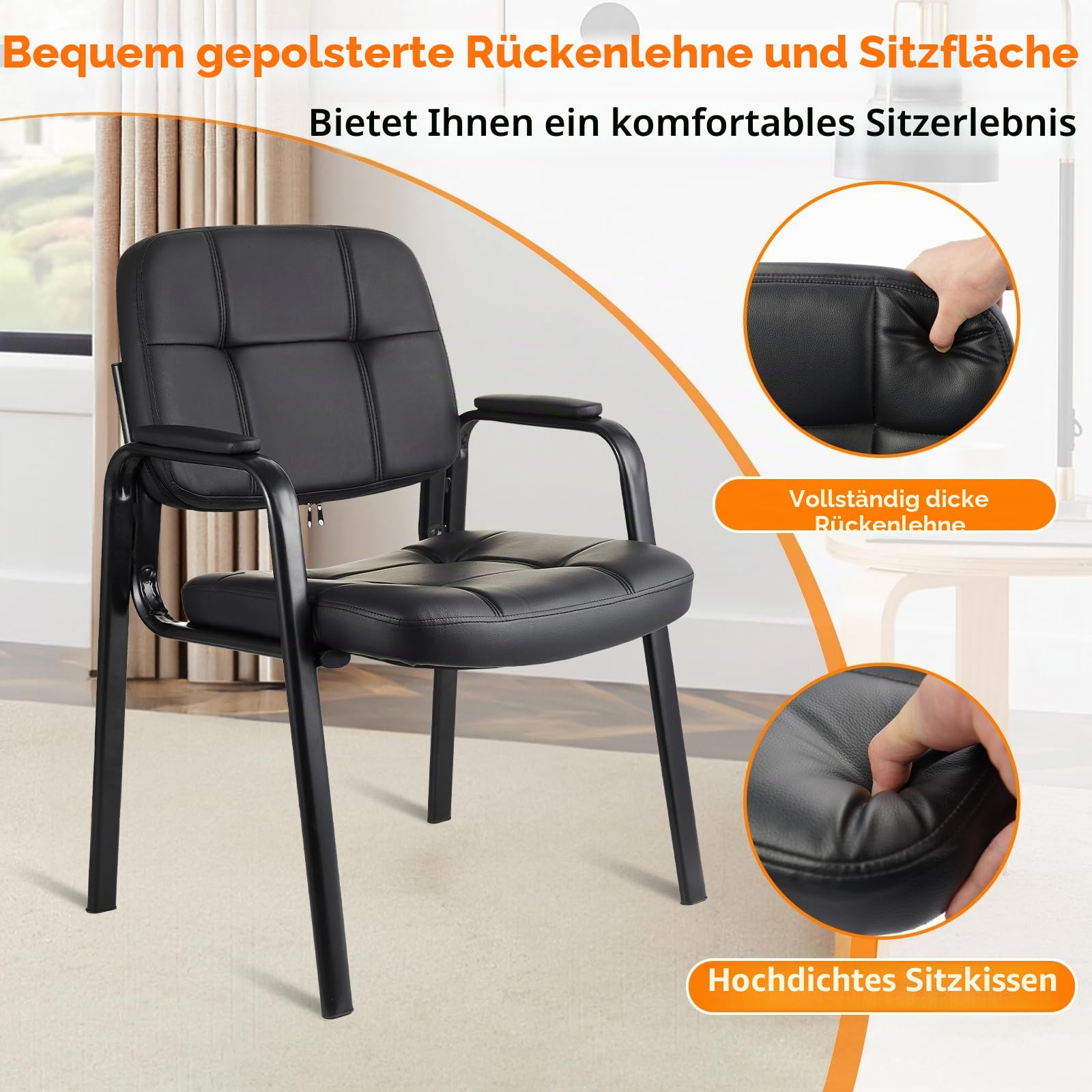 CLATINA Besucherstühle Wartezimmerstühle Gästestühle mit Leder dickes Kissen und gepolsterte Armlehne Stationäre Schreibtischstühle für Büro Home Konferenz Tagungsraum Lobby Halle Seite Pause, Schwarz