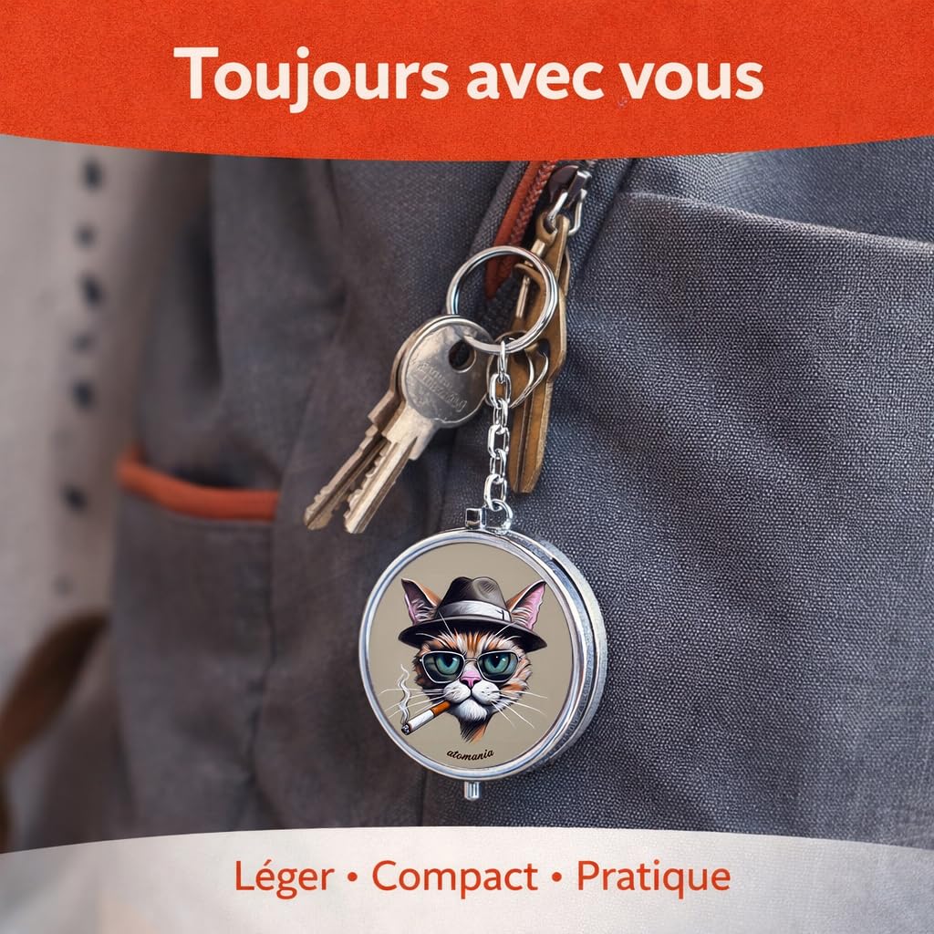 Cendrier de poche Pause Chat – Message humoristique – Chat stylé lunettes & chapeau – Étanche anti odeur – Acier inoxydable – Porte clé amovible – Compact 5 cm 70 g – Accessoire fumeur fun – Atomania