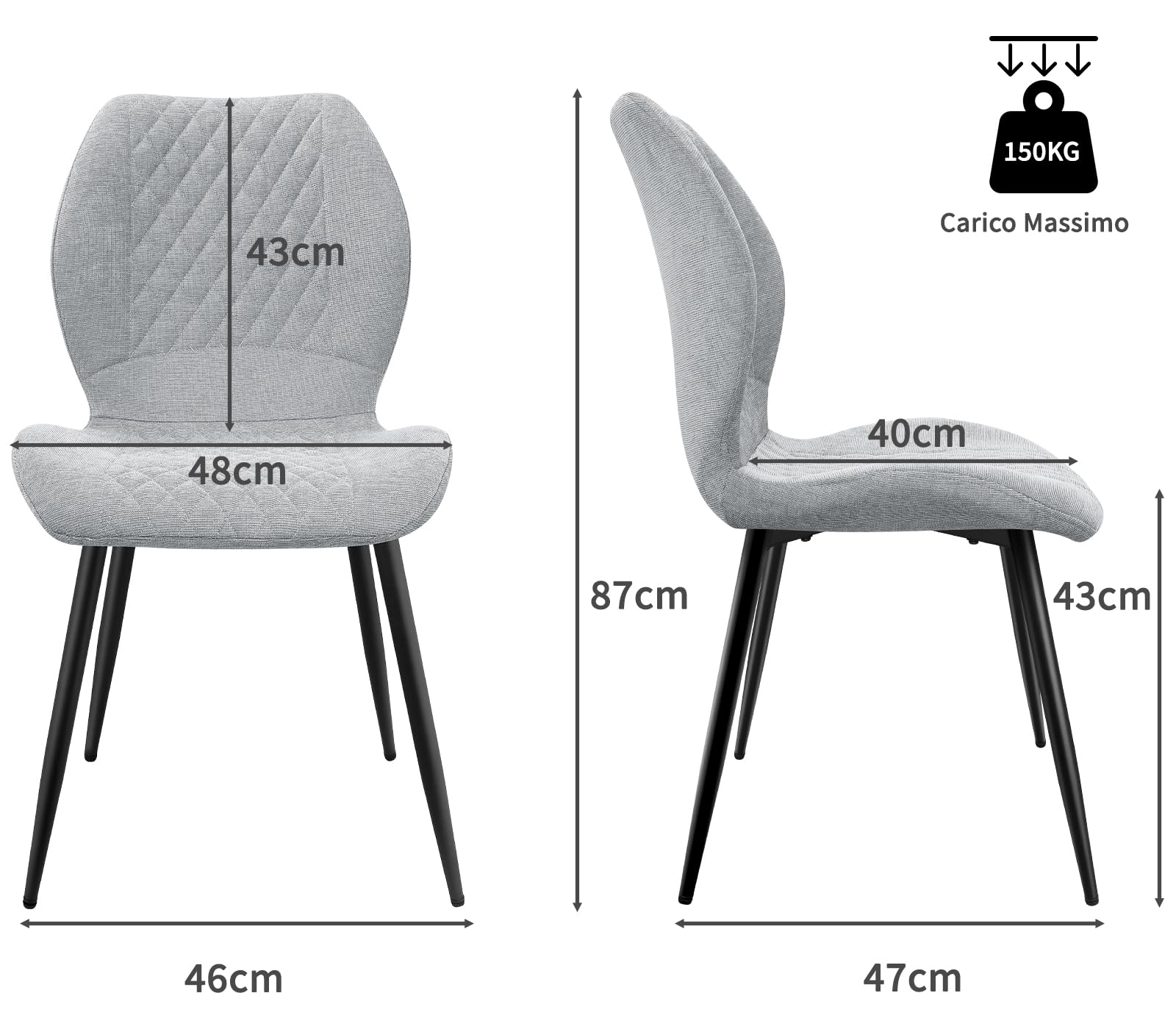 LEWE Set di 4 Sedie da pranzo in lino, stile moderno a scacchi con gamba in metallo, imbottite, sedia da cucina senza braccioli per ristorante/soggiorno/camera da letto, [grigio]