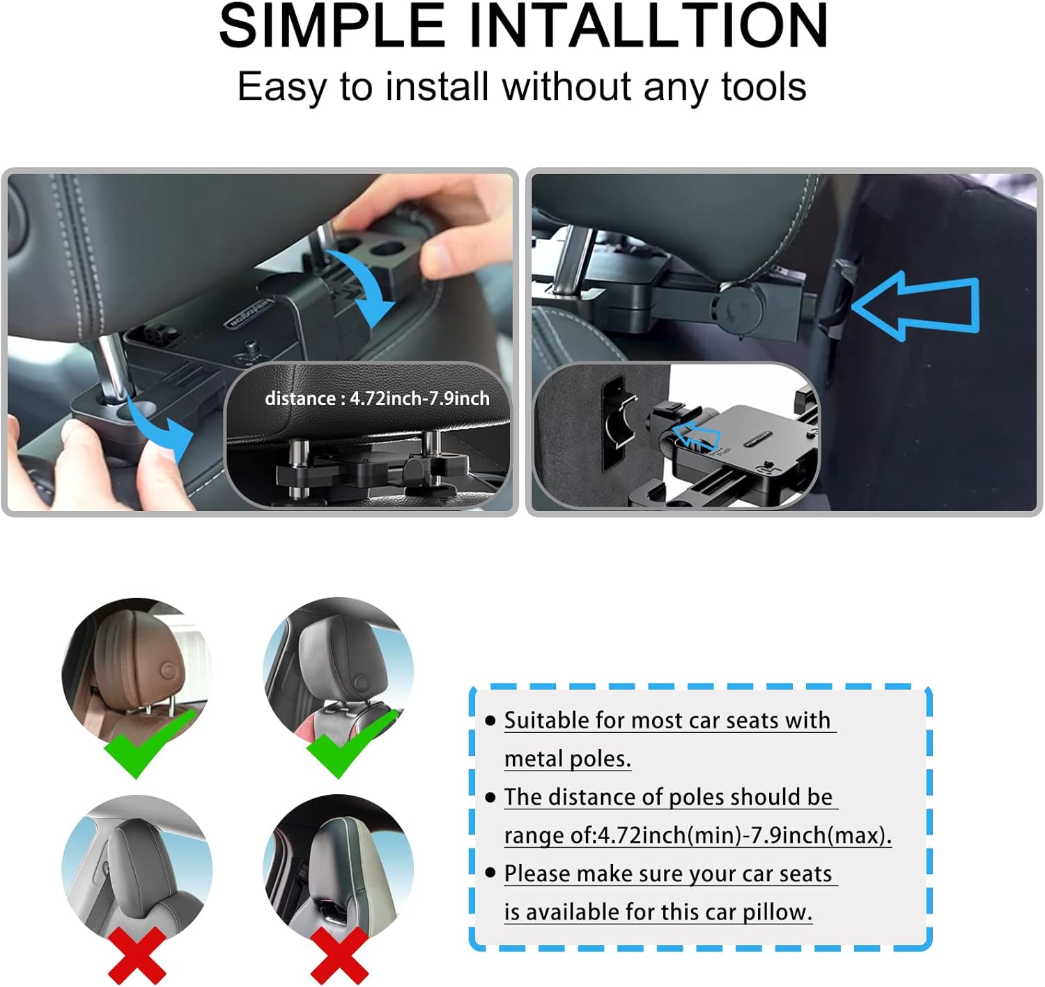 Car Headrest Pillow Support - DIY Position Adjustable Car Neck Pillow for Car Driving,Ergonomic Memory Foam Car Pillow for Sleeping Head Rest for Car Seat Kids Adults Neck Pain Relief