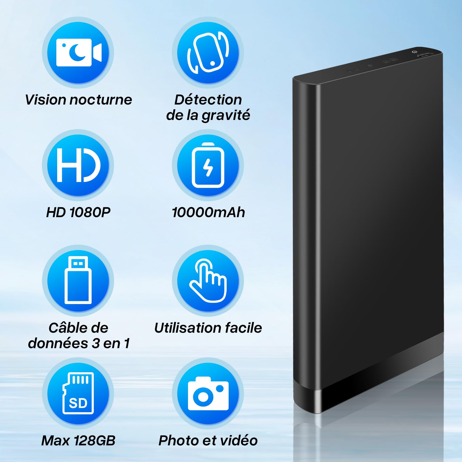Caméra Espion Discrète HD 1080P, 10000mAh Power Bank Caméra Cachée sans WiFi, Mini Camera Espion Portable, Spy cam avec Audio et Vision Nocturne pour Activités intérieures et extérieures