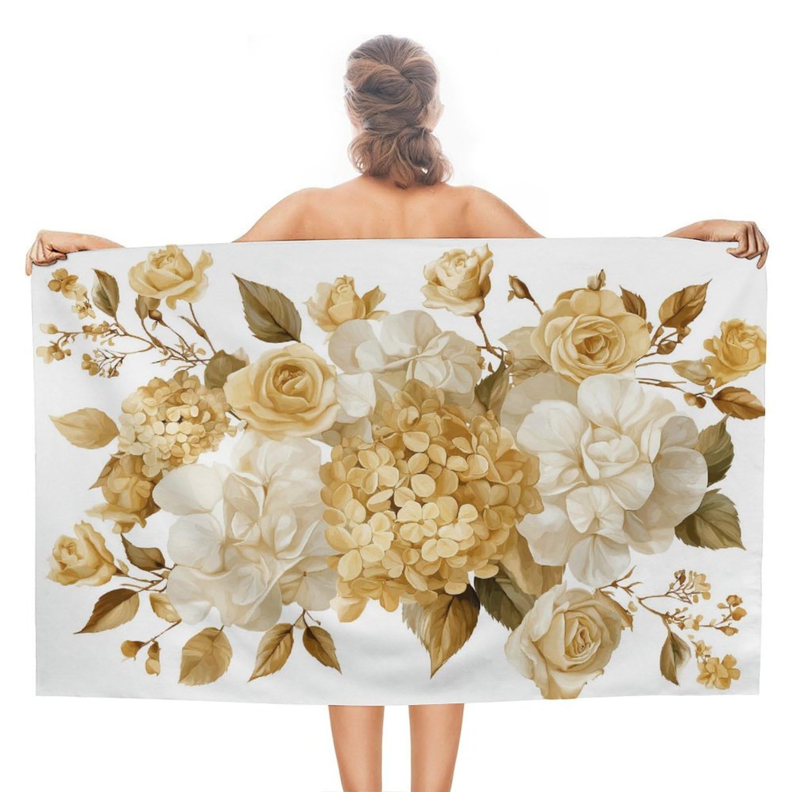 LSRCPD Cream And Gold Hydrangeas And Roses Beach Towel Sand Free Microfiber Large Shower Towels Multipurpose Absorbent for Bathroom Pool 130x80 CM