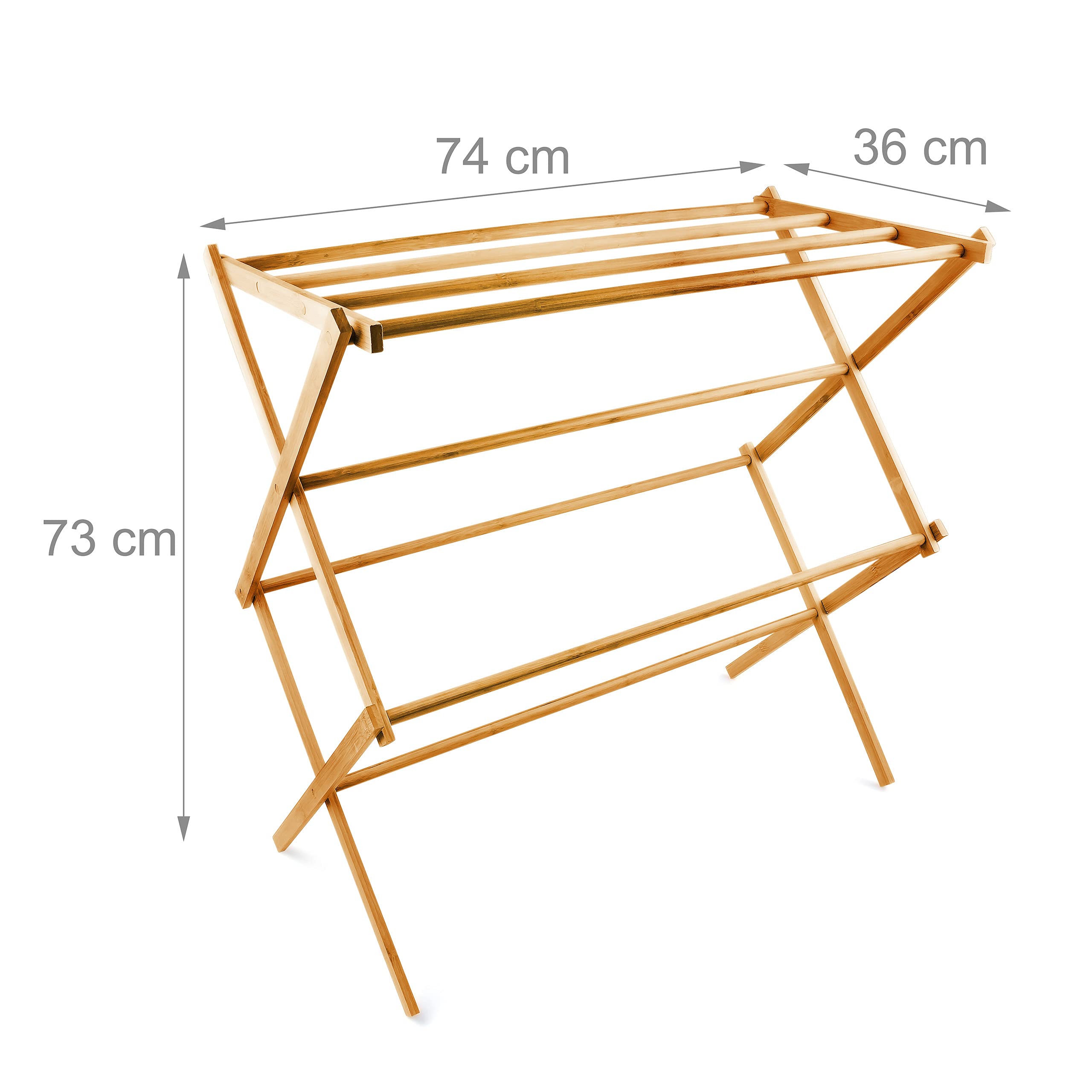 Relaxdays 10017158 Porte-Serviettes pliant en Bambou HxlxP : 73 x 74 x 36 cm séchoir linge pliant support pliable en bois avec 8 barres de séchage serviteur de chambre pour vêtements serviettes de bain, nature