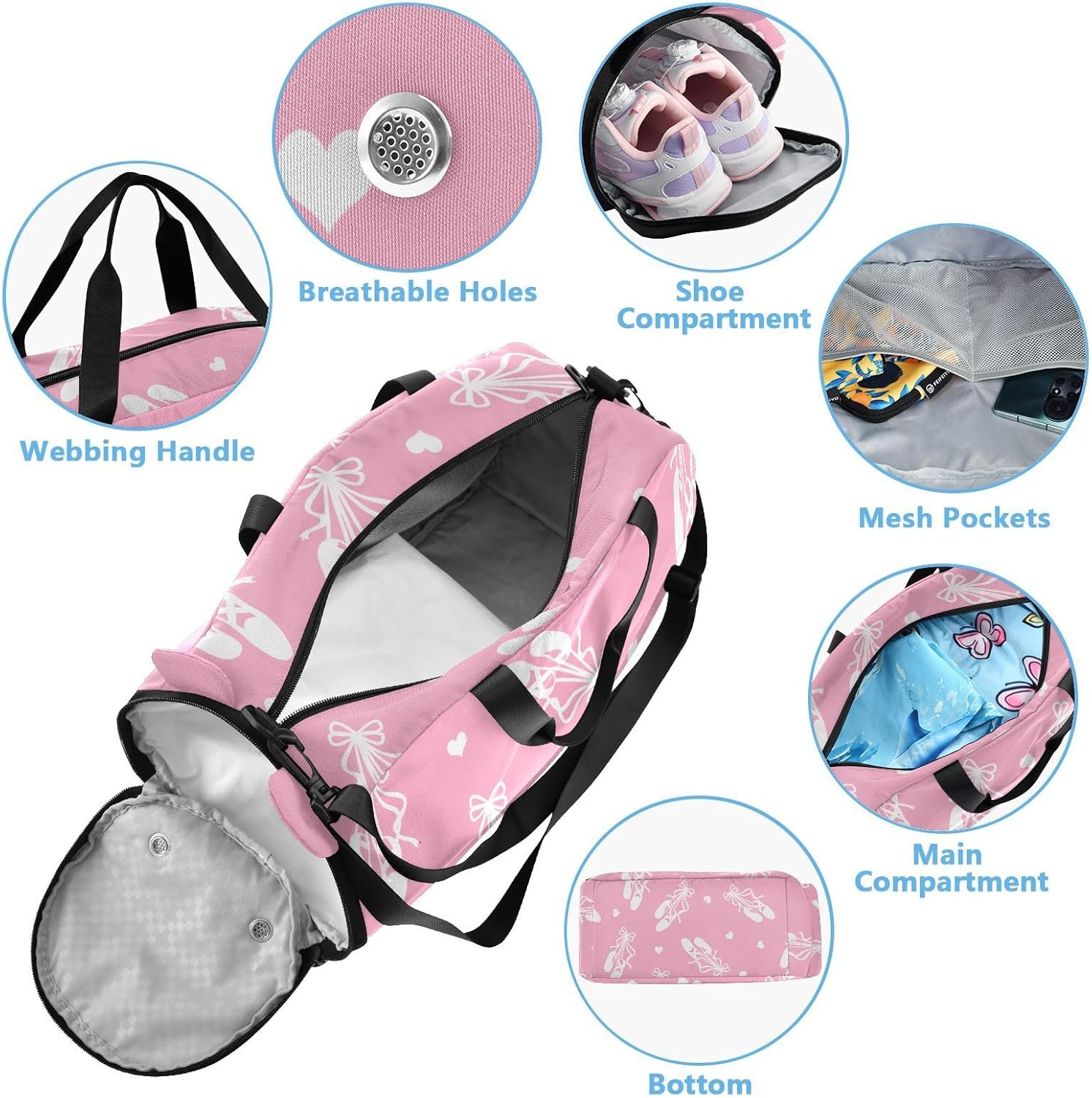 Pink Ballet Print Dance Bag for Girls Ballet Bag with Shoe Compartment, Kids Dufflefor Gym, Cheerleading, Sports, Birthday Gift for Little Dancers