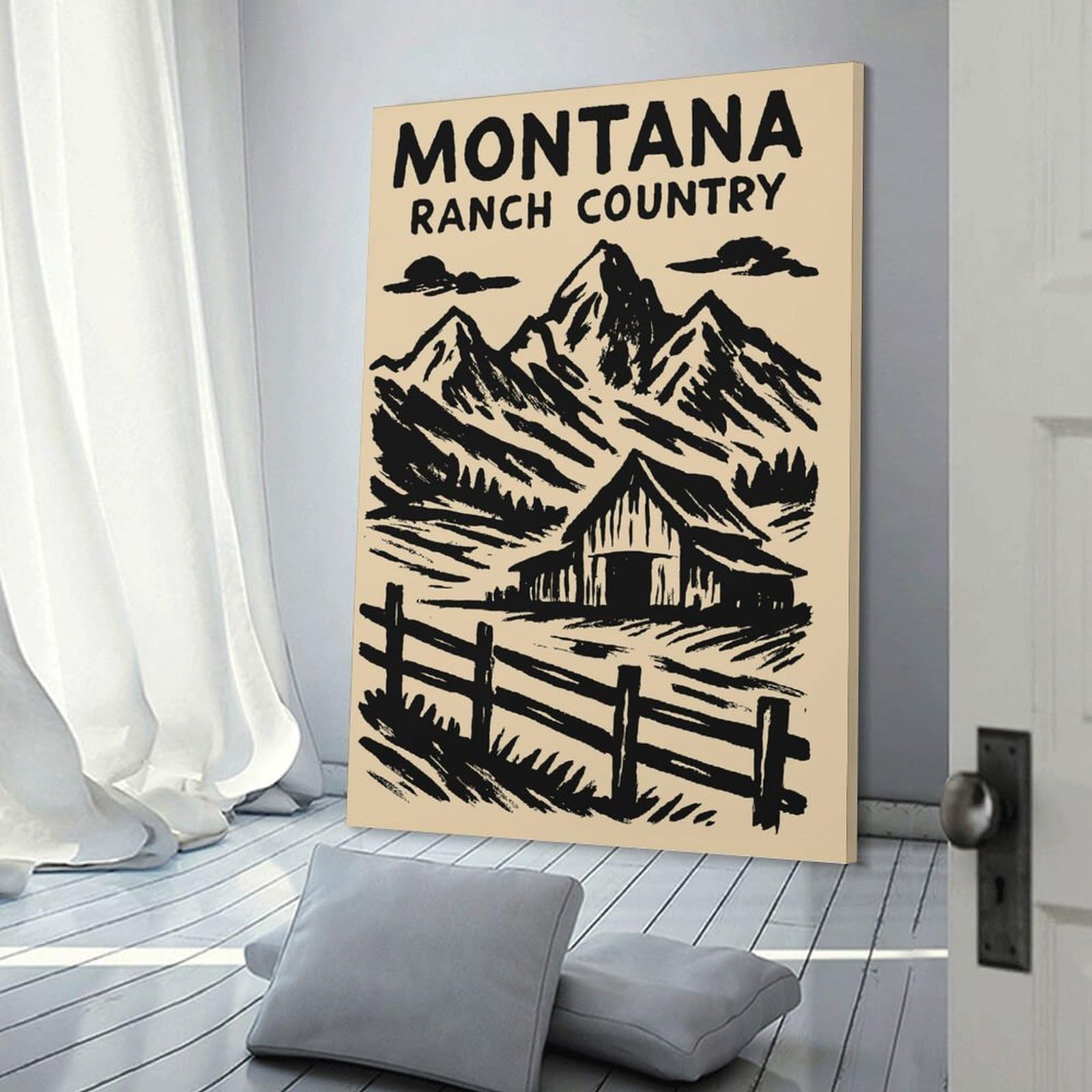 Junmoney Montana Ranch Country Barn And Mountains Canvas Wall Art 08x12inch(20x30cm), for Home Lounge, Bedroom Or Reading Nook, Eye Catching Artwork for Blank Walls