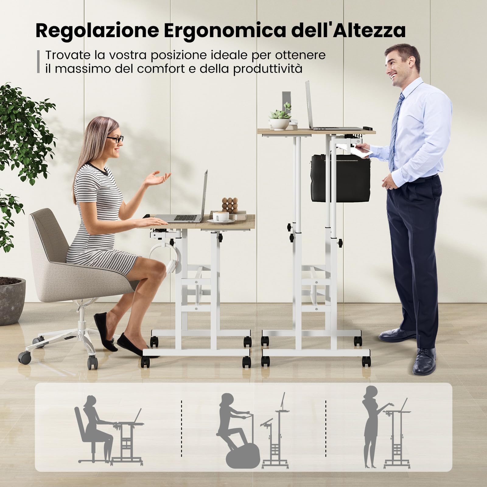 COSTWAY Scrivania per Computer Regolabile in Altezza, Postazione di Lavoro per Computer con Ruote e Ganci, Tavolo Porta PC per Studio e Ufficio, 60 x 60 x 72-124 cm (Naturale)