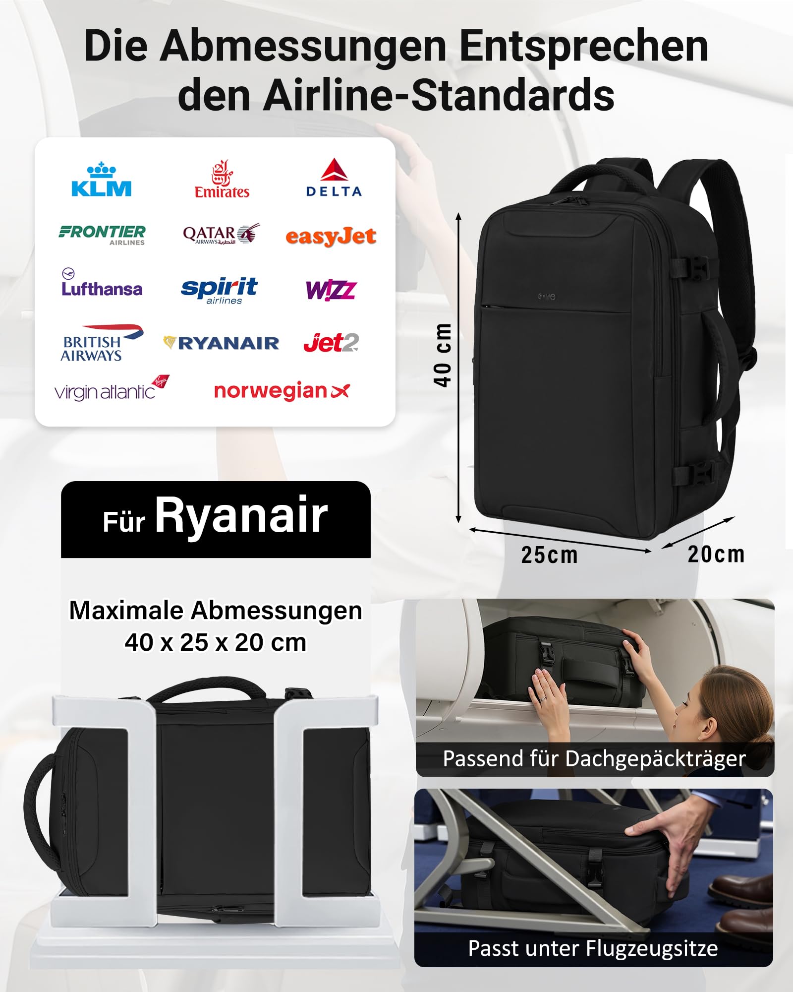 COOLIFE Mochila Viaje Cabina Avion 40x20x25, Ryanair Mochila Cabina 24L con Compartimento para Portátil de 15.6 Inch, Equipaje de Mano para Viajes de Negocios y Escapadas Cortas, Hombre/Mujer (Negro)