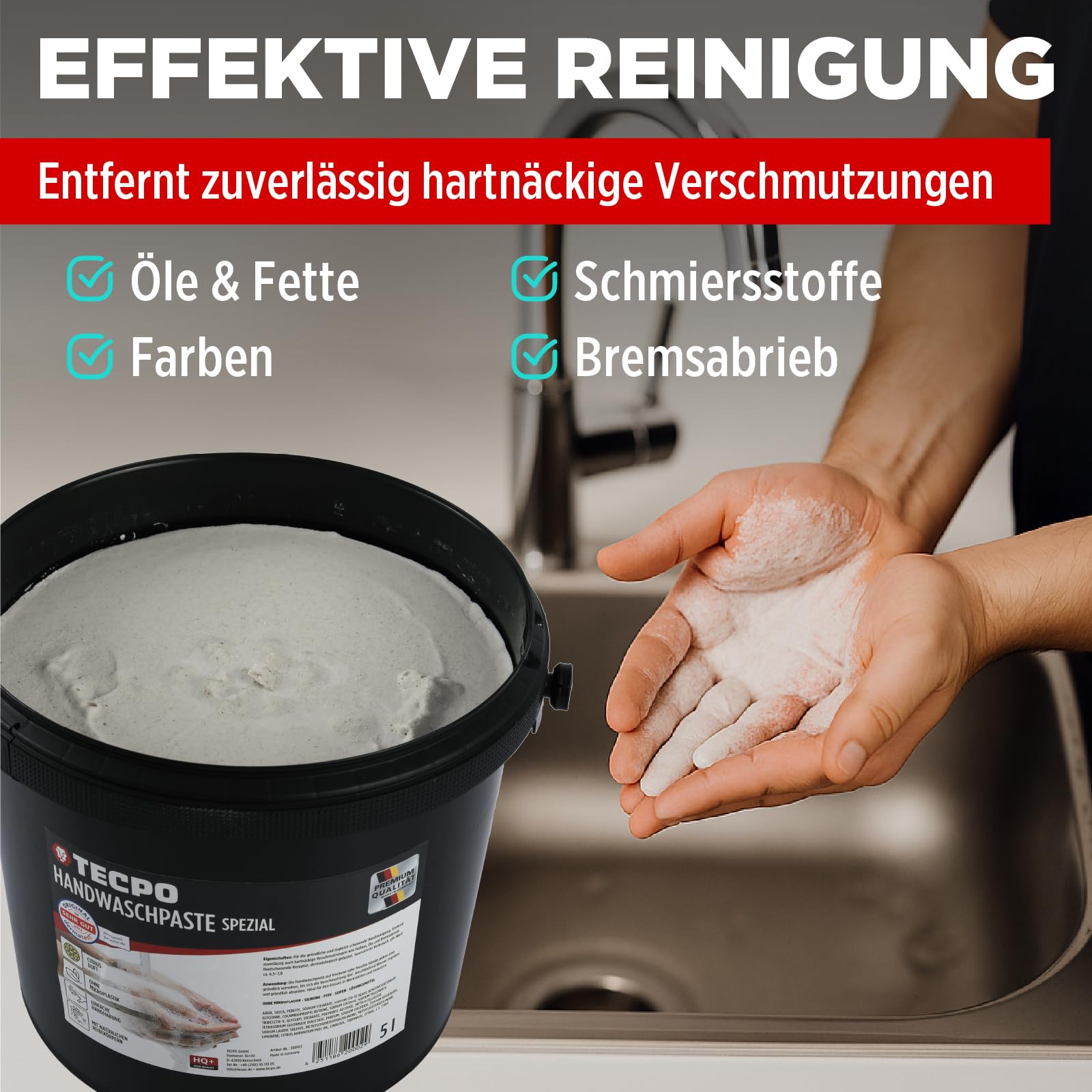 TECPO Handwaschpaste HQ+ 5 Liter Handreiniger Hautpflege Reinigungspaste hautschonend Reinigung Seife gegen starke hartnäckige Verschmutzungen wie Öl, Fett, Kfz und Werkstatt