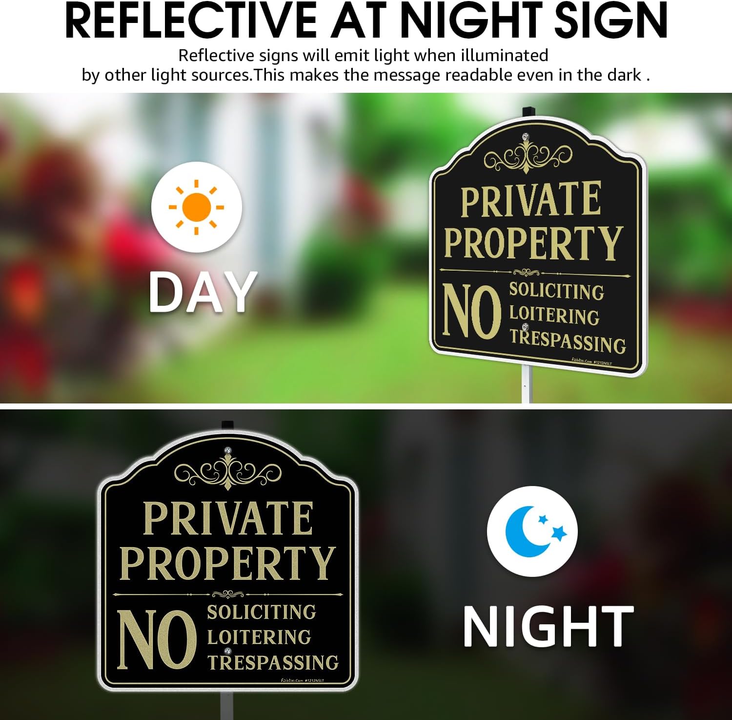 Faittoo Private Property No Soliciting Sign for House with 42" Stake, 2-Pack 12"x12" Rust Free Heavy Aluminum, Reflective, Fade Resistant, 2 Pre-drilled Holes, Includes Matching Screws & Wrench