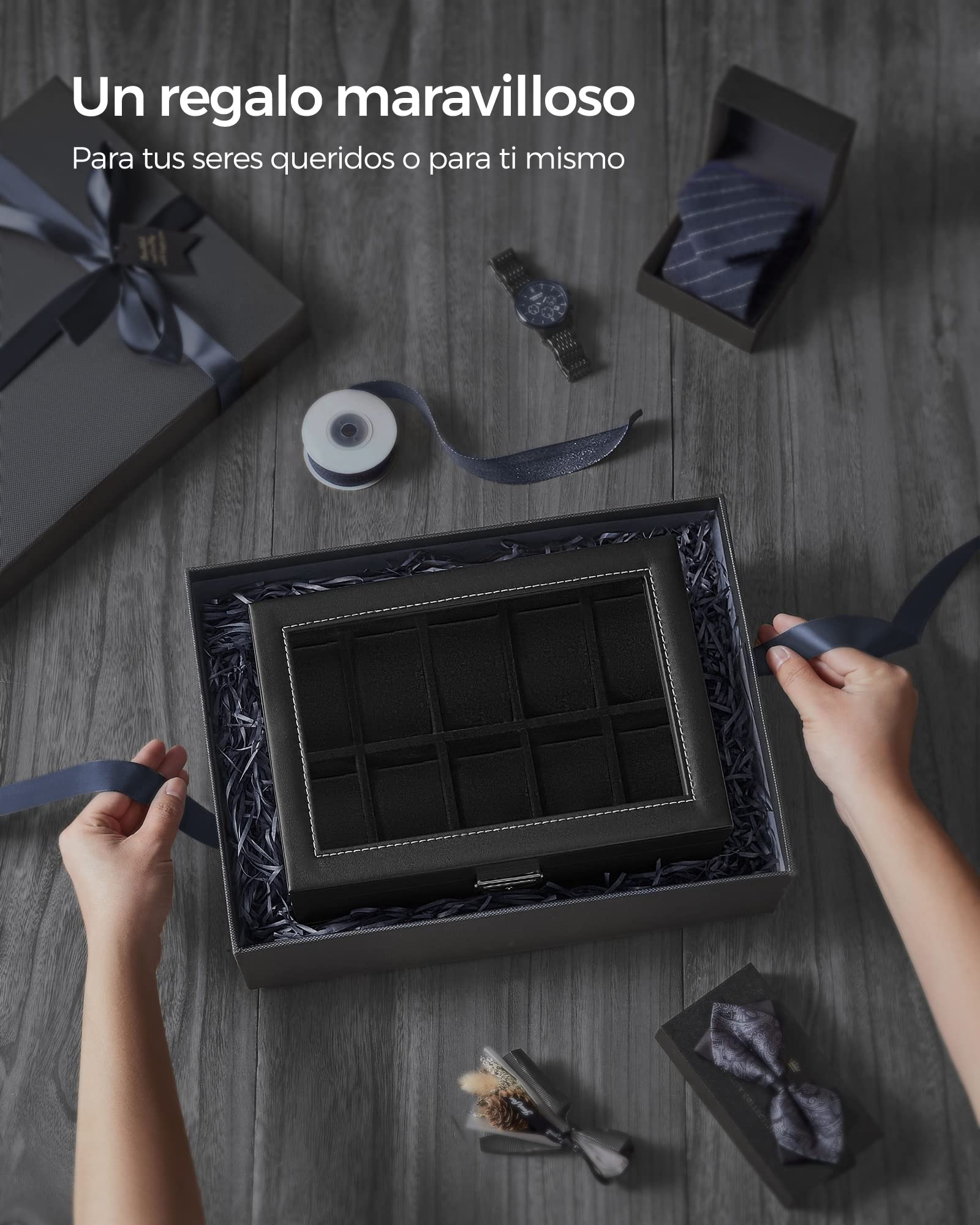 SONGMICS Caja de Relojes 2 Niveles con Tapa de Cristal, Cerradura, Cuero Sintético Negro