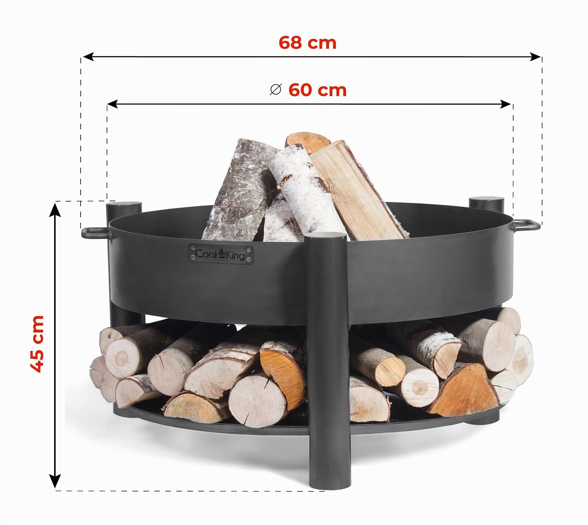 CookKing Stahl Feuerschale Montana Ø 60x45 cm Schwarz mit Holzlager