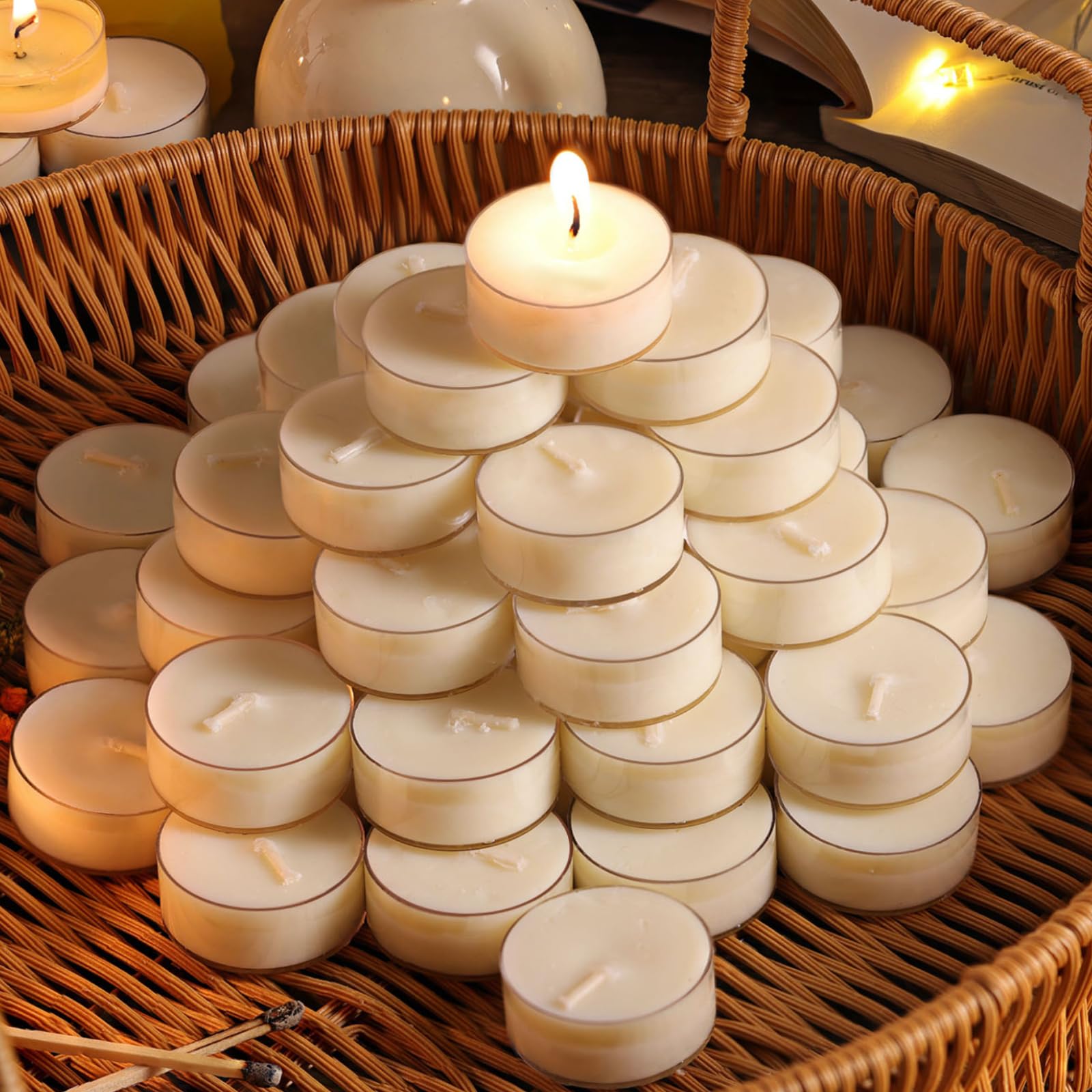 DEVI Lot de 200 bougies chauffe-plat en cire de soja sans paraffine pour urgence, sans parfum, pour la maison, décoration de table de Noël, 4 heures