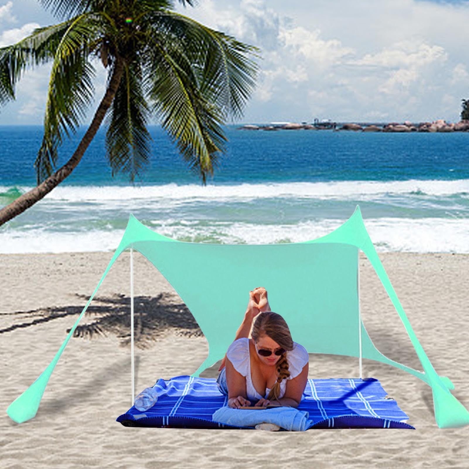 Tenda Da Spiaggia Parasole Leggera Con Sacchetti Sabbia - Grande 210x210 Cm, UPF 50+, 4 Picchetti, Per Famiglia E Attività All'aperto