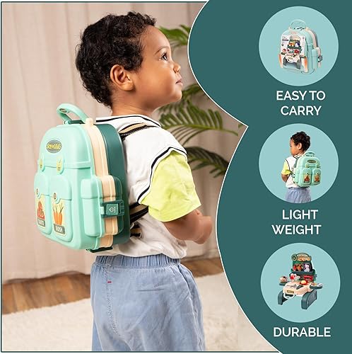 Miniatura 6 de GARYCARE Mochila de compras 3 en 1  29 piezas de tienda de comestibles juego de simulación  Juguete de juego de simulación para niños con balanza de