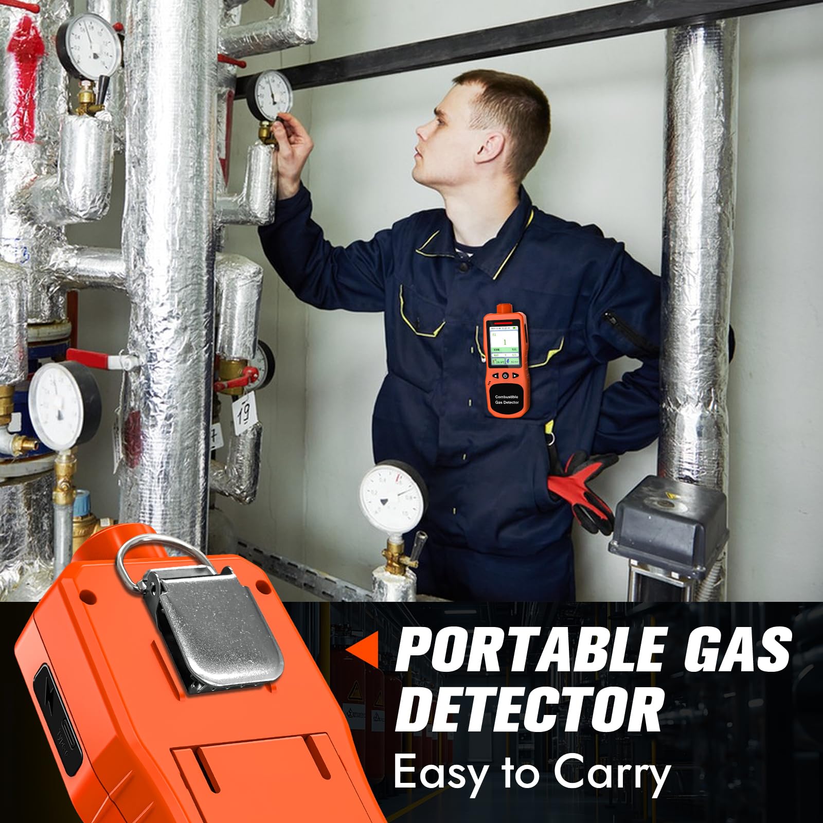 Erdgasdetektor für Zuhause & Industrie, Wiederaufladbarer Erdgaswarngerät Gasmelder 0-100% LEL-Monitor, Erkennt Methan, Propan, Butan, Ethan mit Akustischem/Licht-/Vibrationsalarm