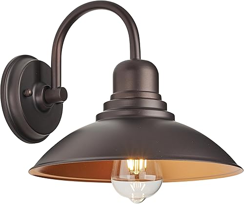 Luz de granero de bronce con cuello de cisne rústica, iluminación de tocador de casa de campo interior con enchufe E26, aplique redondo para pared