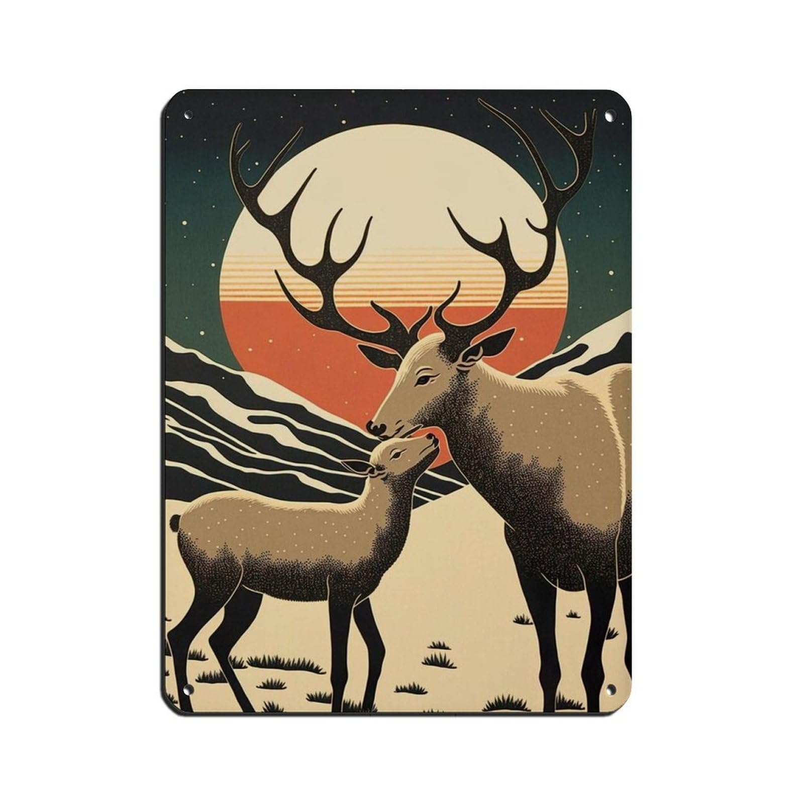 Lxwnze 30L X 40W Cm Mama Reindeer And Baby Reindeer, Tin Sign Vintage Metal Pub Club Cafe Bar Home Wall Art Decoration Poster Retro 12X16inch(30X40cm)