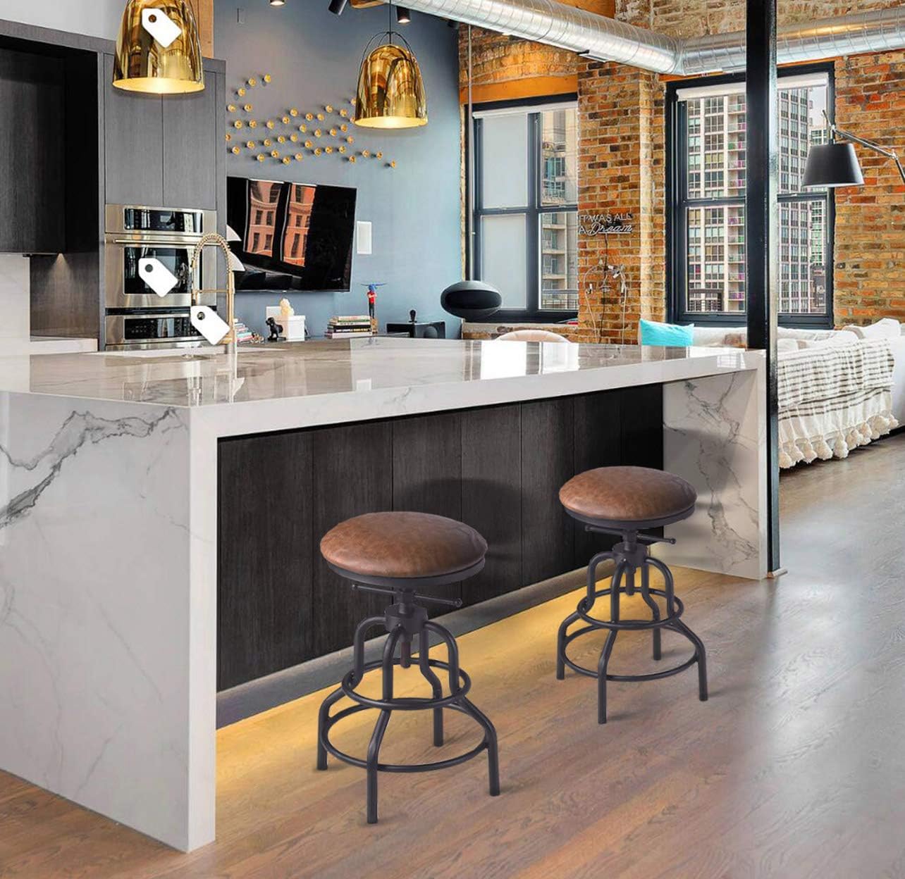 Diwhy Industrial Vintage Counter Stool, Kitchen Counter Height Adjustable Swivel Chair, Metal Frame Stool, 20.47-26.77 Inch, Fully Welded Base, Brown PU Upholstered, Set of 2