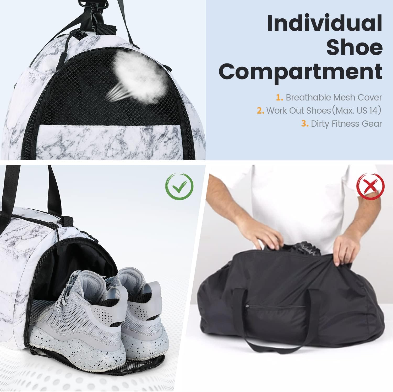  | Large Gym Bag for Women with Shoe Compartment, 40L Sports Bag for Men with Wet Pocket, Lightweight Duffel Bag Travel Bag for Weekend Overnight Trips (Marble White) | Sports Duffels
