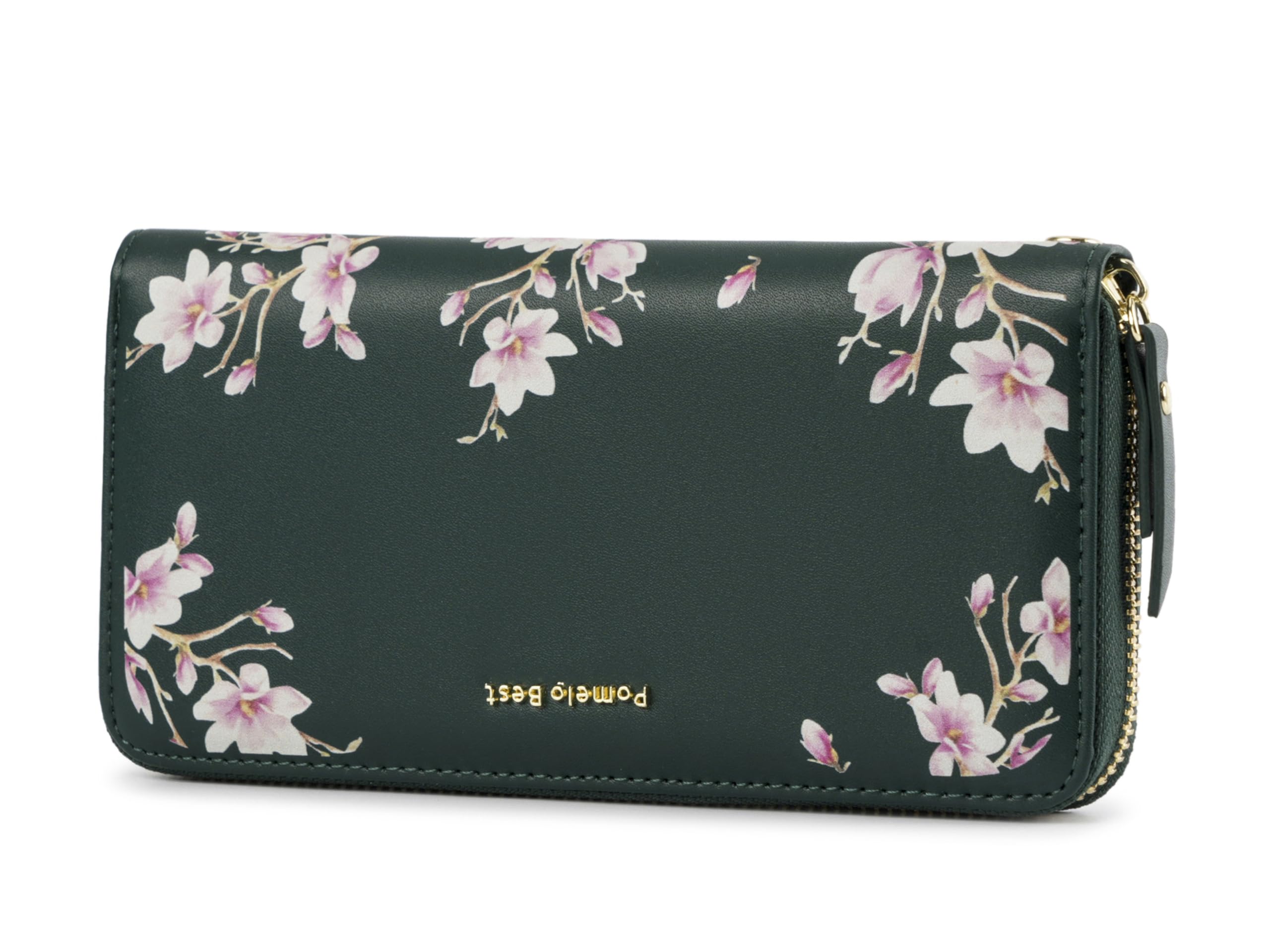 Pomelo Best Geldbörse Damen groß im Langformat Blumen Prägung Reißverschluss Portemonnaie mit RFID-Blockierung und vielen Fächern Smaragdgrün