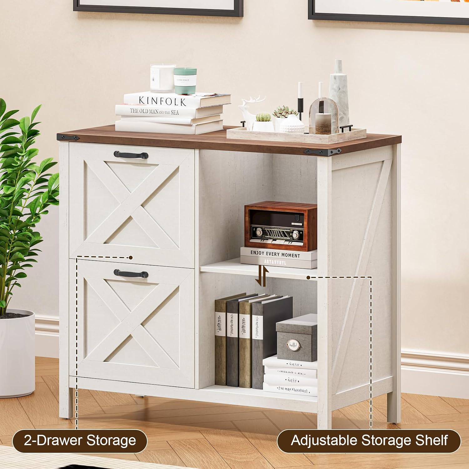 Halitaa 2 Drawer File Cabinet, Farmhouse Lateral Filing Cabinet Fits Files Letter or A4 Size, Wooden Printer Stand with Open Storage Adjustable Shelf for Home Office, Rustic White