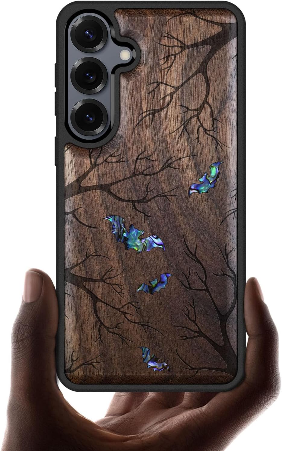 Carveit Magnetic Wooden Case for Galaxy S25+ / S25 Plus Case, Wood Artisan Engraved & Handmade Shell Inlaid, Compatible with MagSafe Wireless Chargers (Bats Amidst Moonlit Branches) Walnut
