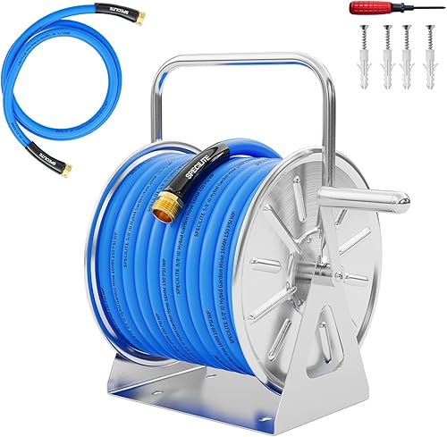 Miniatura 10 de SPECILITE Carrete de manguera de jardín de acero inoxidable con manguera de agua potable de 100 pies y tubo líder de 6.2 pies, carrete de metal